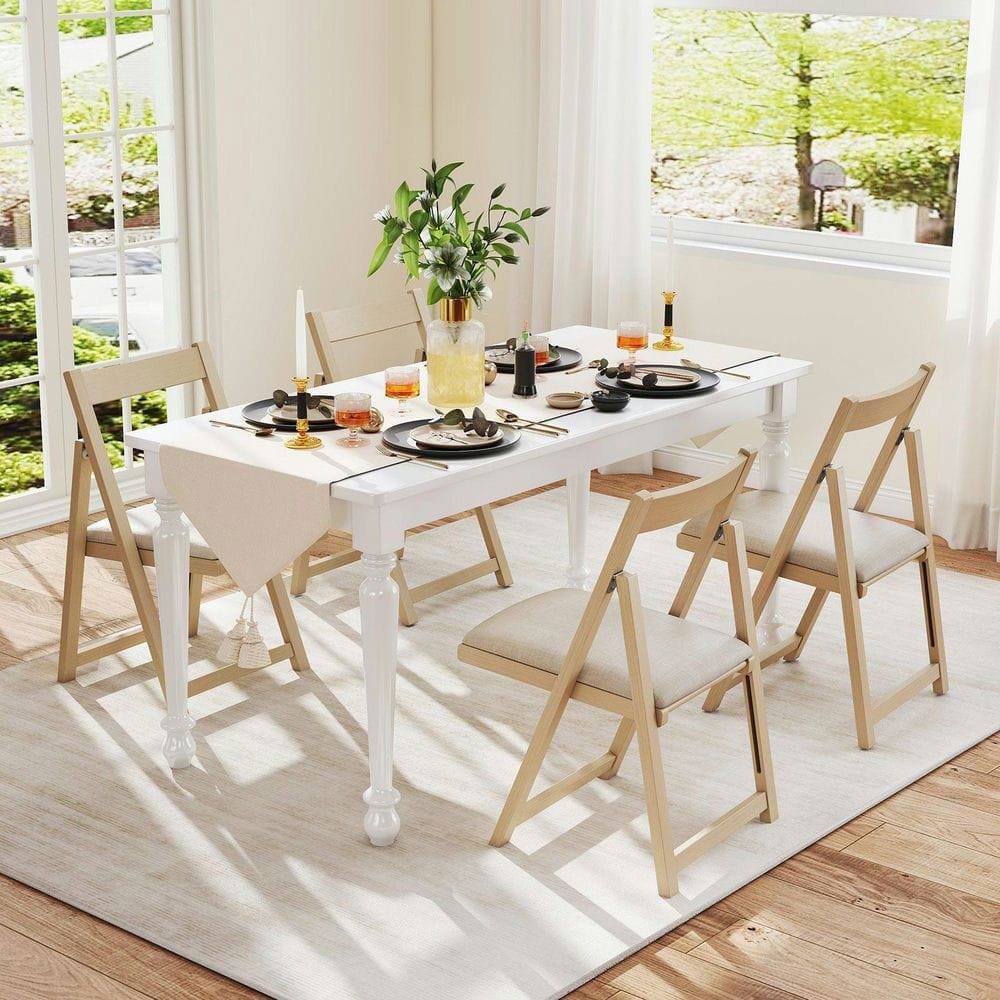Left. Kadyn - Set of 4 Folding Upholstered Dining Chairs with Curved Backrest, Beige Fabric - Beige.