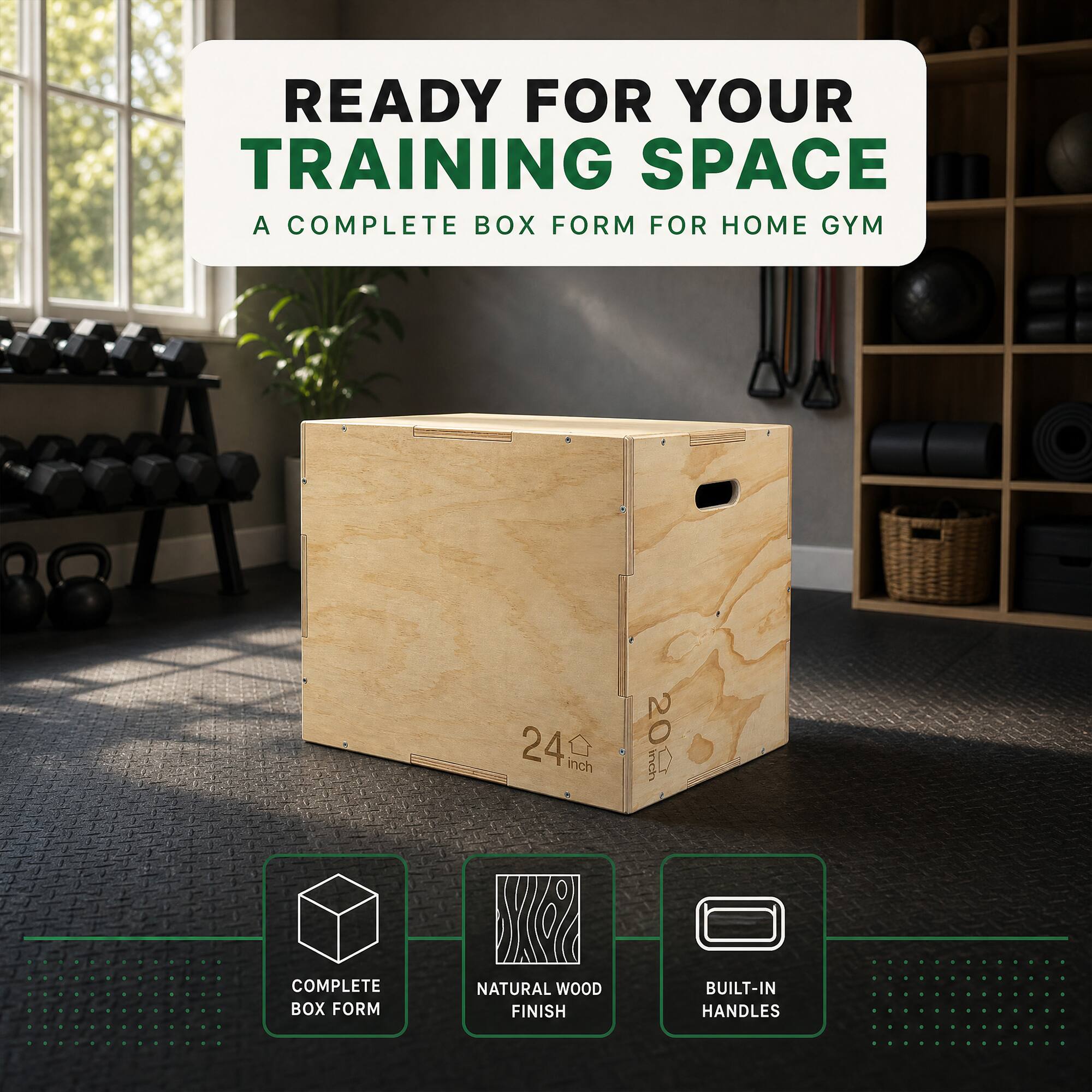 READY FOR YOUR TRAINING SPACE  
A COMPLETE BOX FORM FOR HOME GYM

24 inch  
20 inch

COMPLETE BOX FORM  
NATURAL WOOD FINISH  
BUILT-IN HANDLES