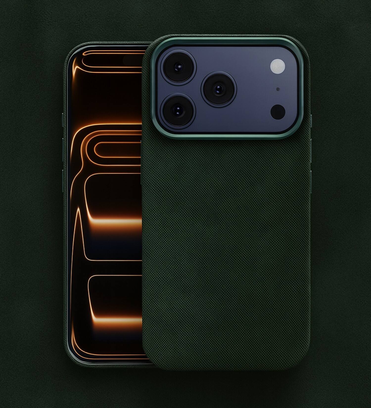 Angle. SaharaCase - Apple iPhone 17 Pro Suede Leather Case | Premium Suede Finish | Smooth Grip | Precise Cutouts - Emerald Green.