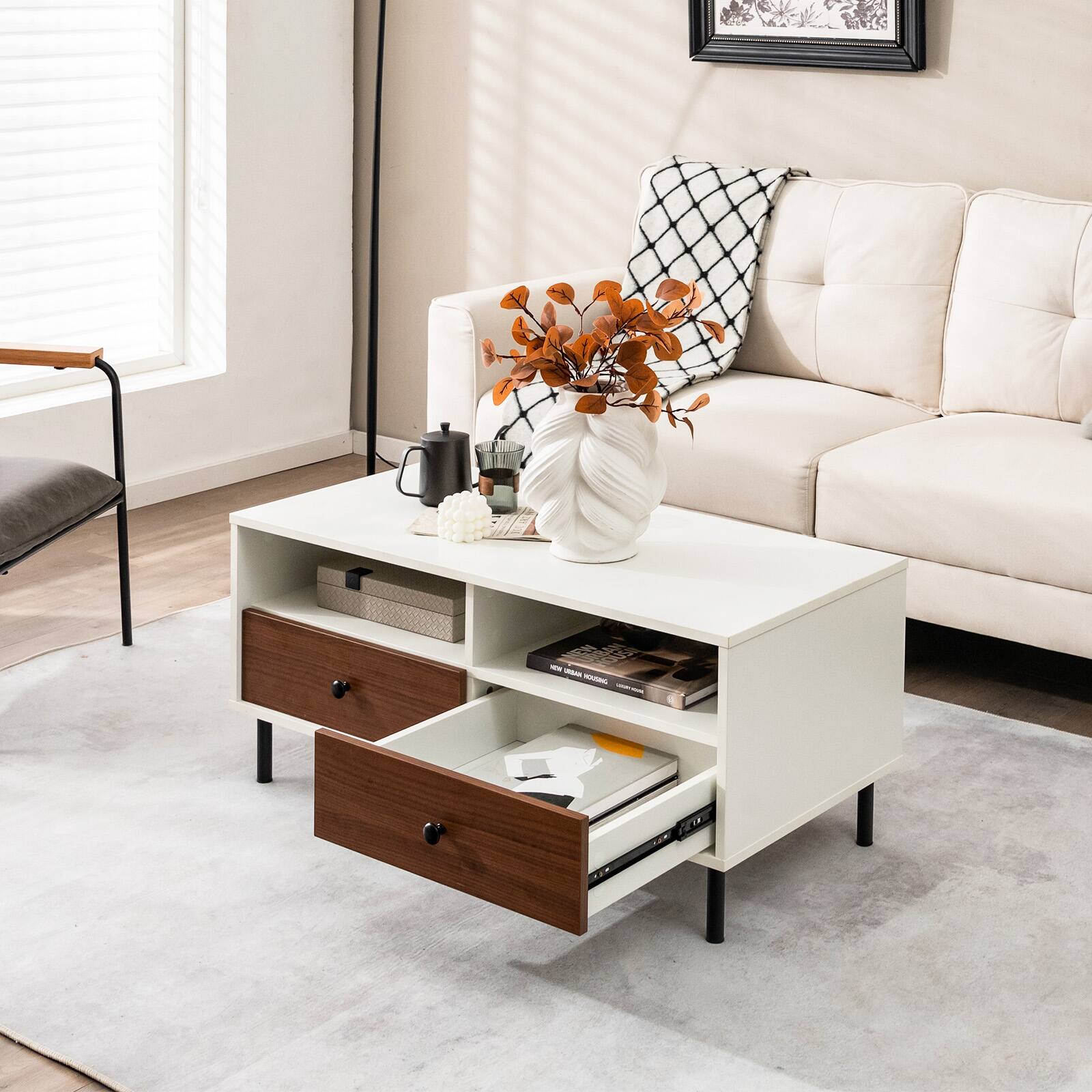 Alt View 11. Costway - Coffee Table Modern Rectangle W/Storage Shelf & Drawers Living Room Furniture - White and Brown.