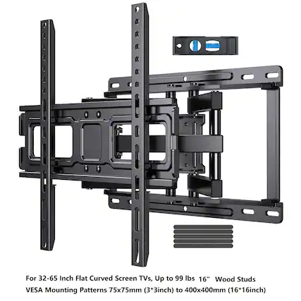 For 32-65 Inch Flat Curved Screen TVs, Up to 99 lbs 16" Wood Studs VESA Mounting Patterns 75x75mm (3*3inch) to 400x400mm (16*16inch)
