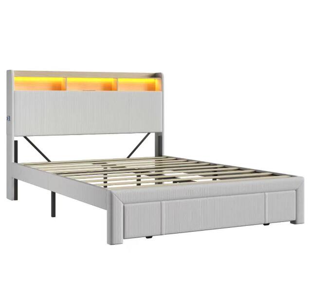 Alt View 4. LUCKY ONE - Full Size Upholstered Bed Frame with Drawers,LED and USB Charging - Beige.