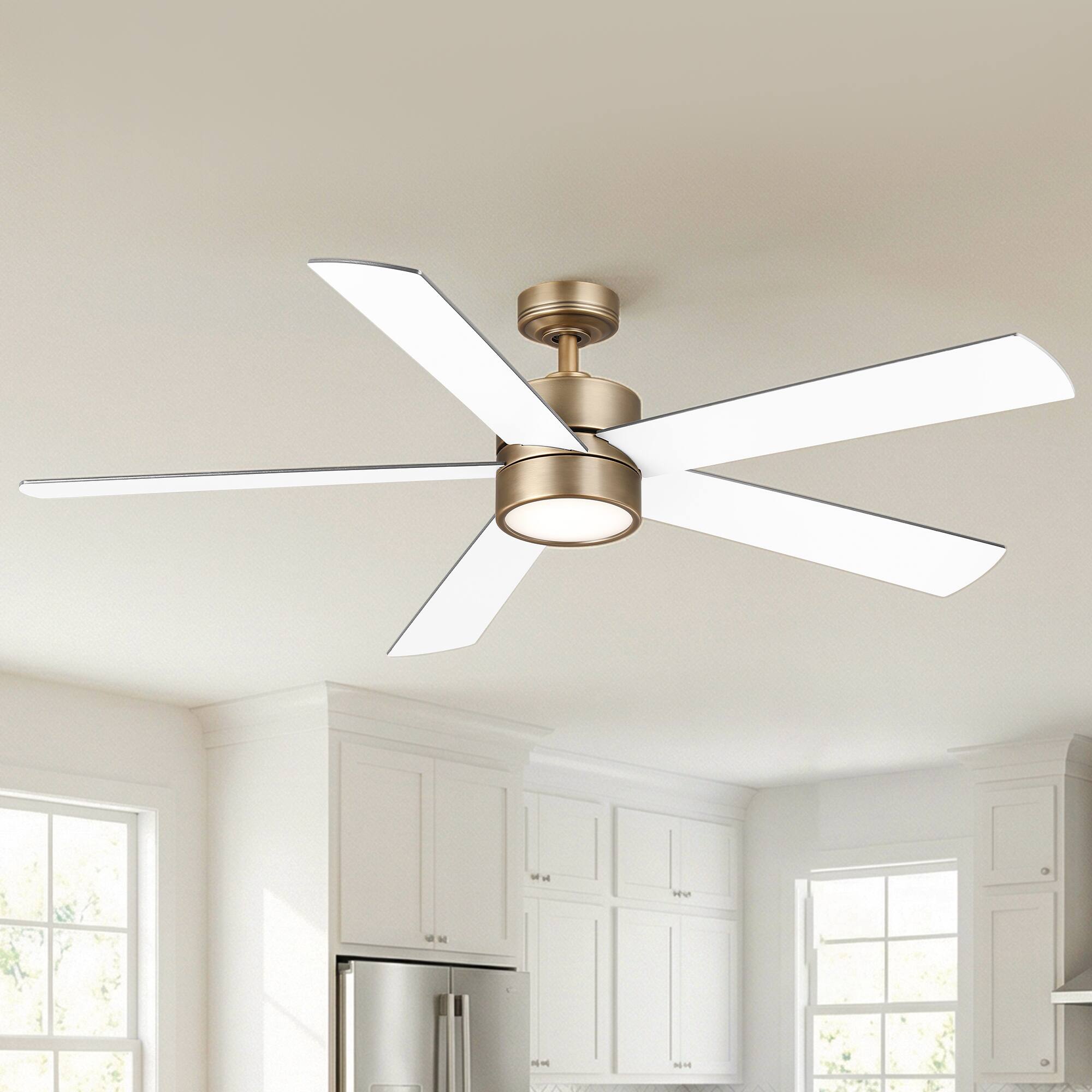 Alt View 1. Parrot Uncle - 60" Modern Natural Brass Integrated LED Ceiling Fan with Light and Remote - Brass.