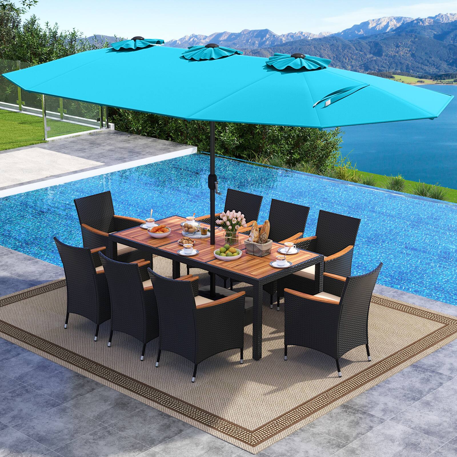 Alt View 3. Costway - Costway 11 PCS Patio Wicker Dining Set with Double-Sided Outdoor Umbrella 8 Stackable Chairs - Turquoise,White.
