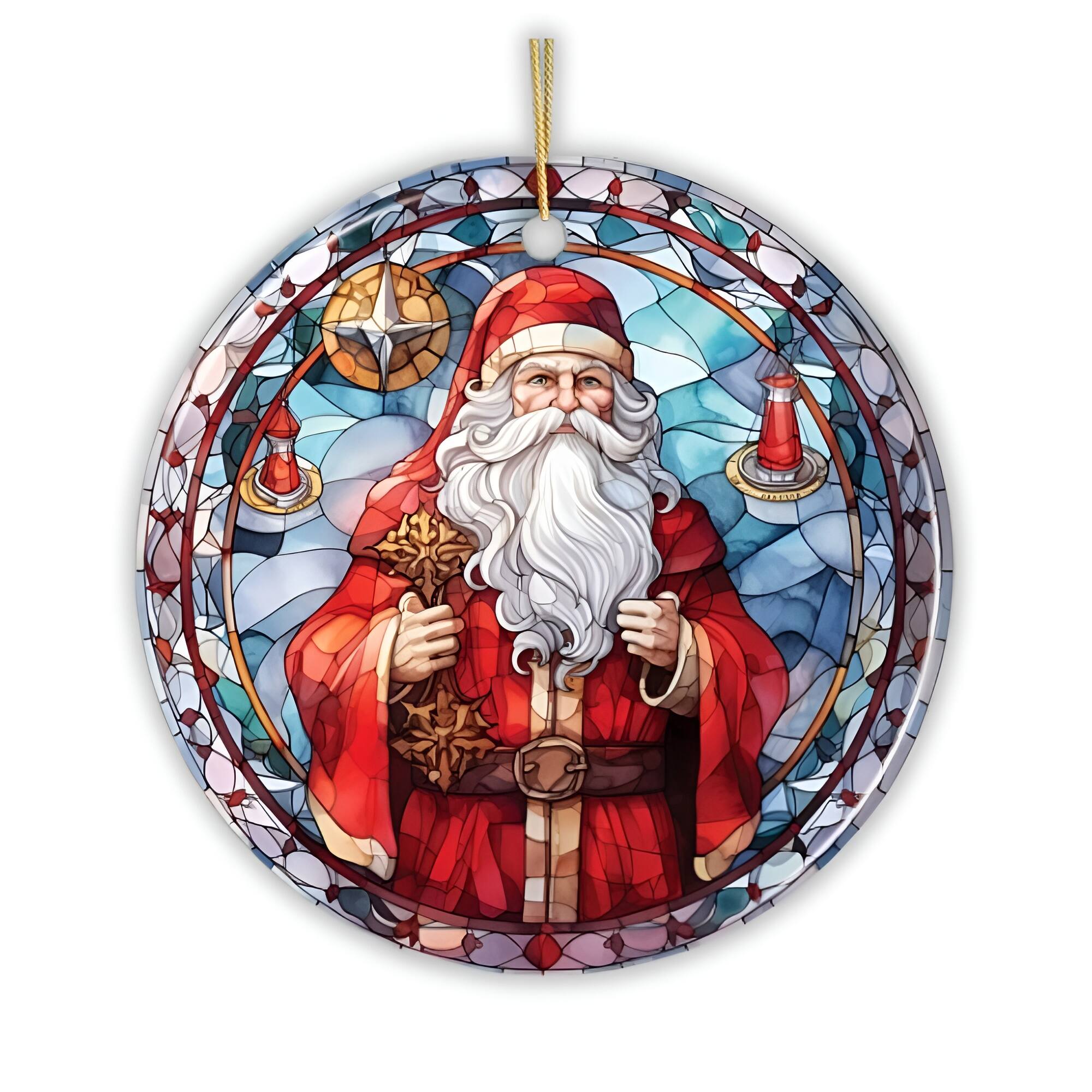 OrnamentallyYou - Stained Glass Themed Santa Claus Ceramic Ornament Christmas Tree Decoration and Gift - Multi-colored