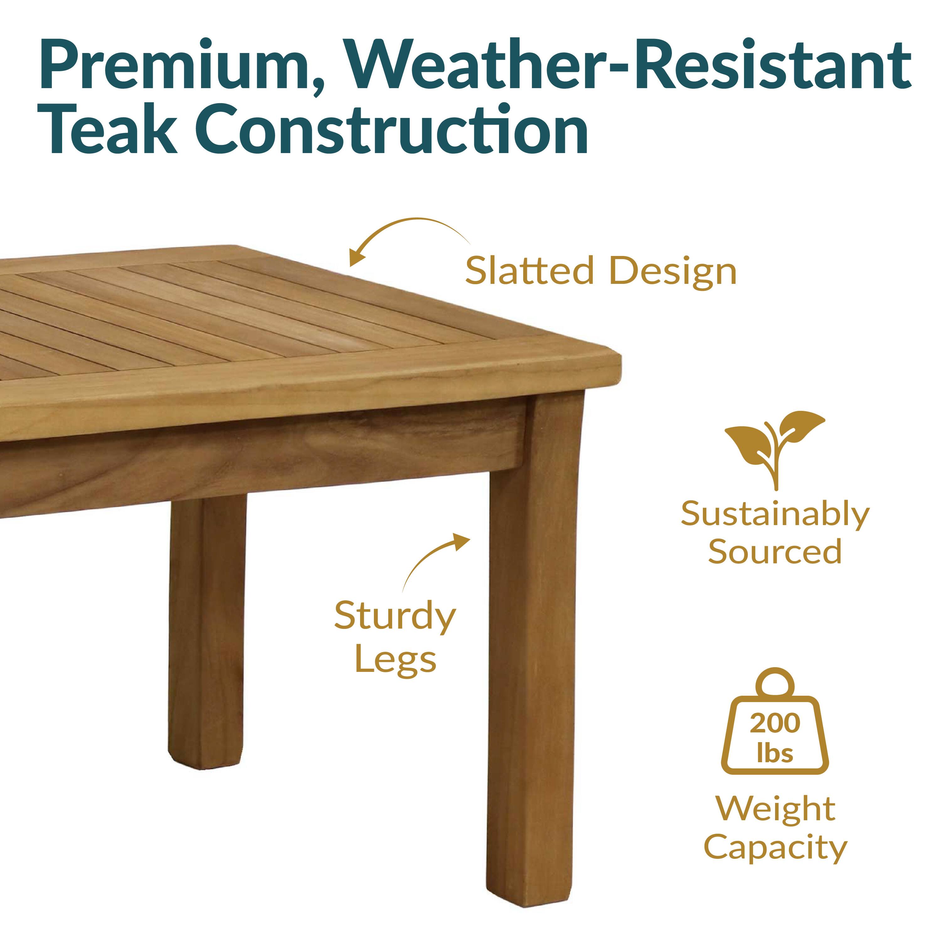 Premium, Weather-Resistant Teak Construction  
Slatted Design  
Sturdy Legs  
Sustainably Sourced  
200 lbs Weight Capacity