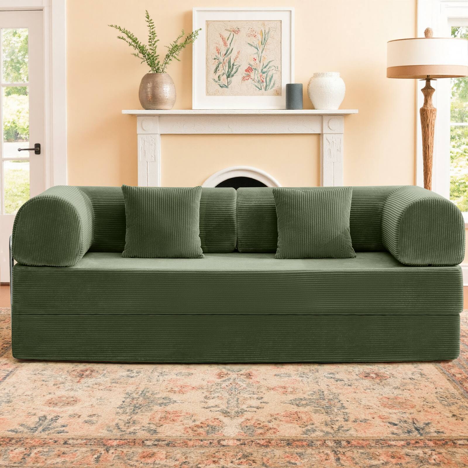 Alt View 4. KERDOM - 78 Inch W Sectional Modular Sofa, 3-4 Person Corduroy Sofa Bed Foldable, High Rebound Density Sponge Sofa, Block Couch - Olive Green.