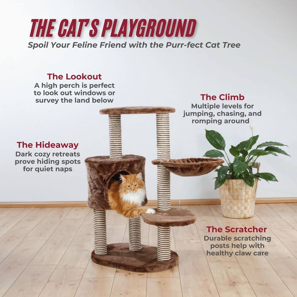 THE CAT'S PLAYGROUND  
Spoil Your Feline Friend with the Purr-fect Cat Tree  

The Lookout  
A high perch is perfect to look out windows or survey the land below  

The Climb  
Multiple levels for jumping, chasing, and romping around  

The Hideaway  
Dark cozy retreats prove hiding spots for quiet naps  

The Scratcher  
Durable scratching posts help with healthy claw care