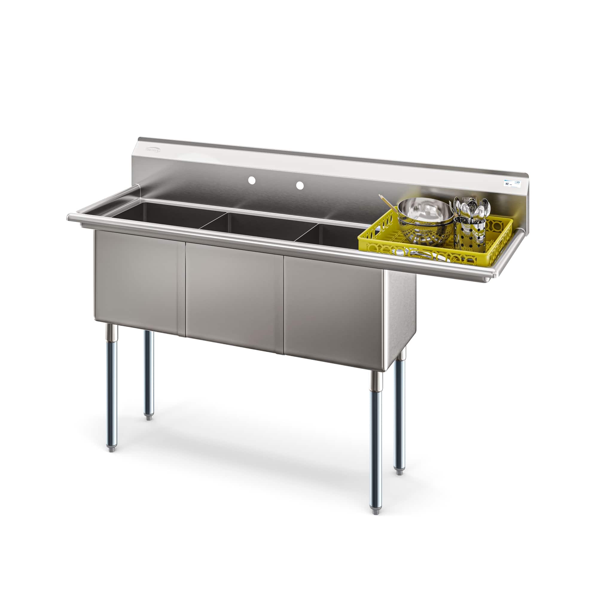 Koolmore - 63 in Three Compartment Sink, Bowl Size 15x15x14, 18-Gauge Stainless-Steel with Right Drainboard - Stainless Steel