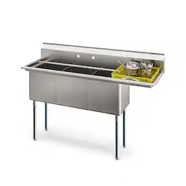 Koolmore - 63 in Three Compartment Sink, Bowl Size 15x15x14, 18-Gauge Stainless-Steel with Right Drainboard - Stainless Steel