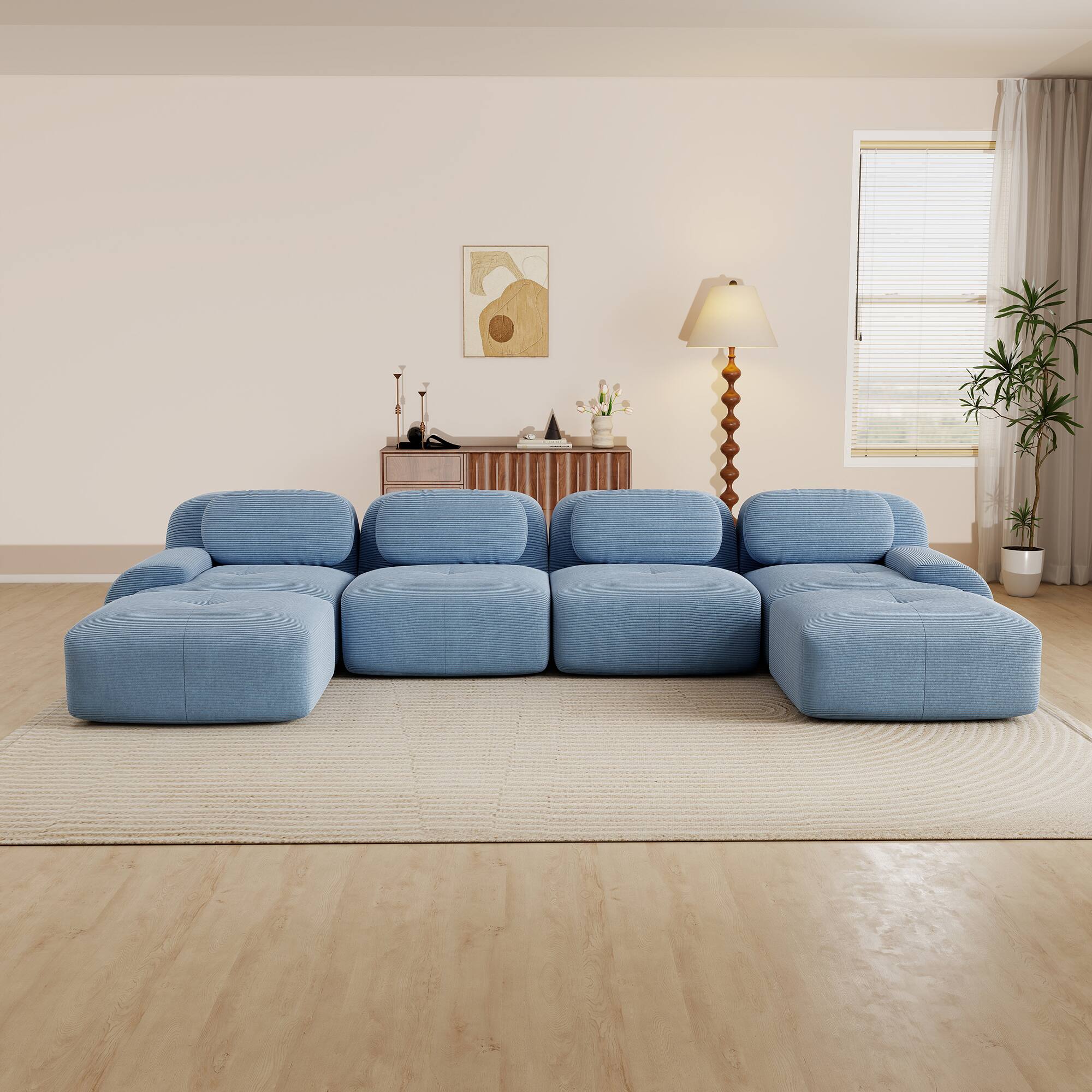 Angle. Aukfa - 4 Seats + 2 Ottoman Modular Corduroy Sectional Sofa - Ergonomic Support, Pet Friendly, Easy Assembly, Non-Slip Base - Blue.