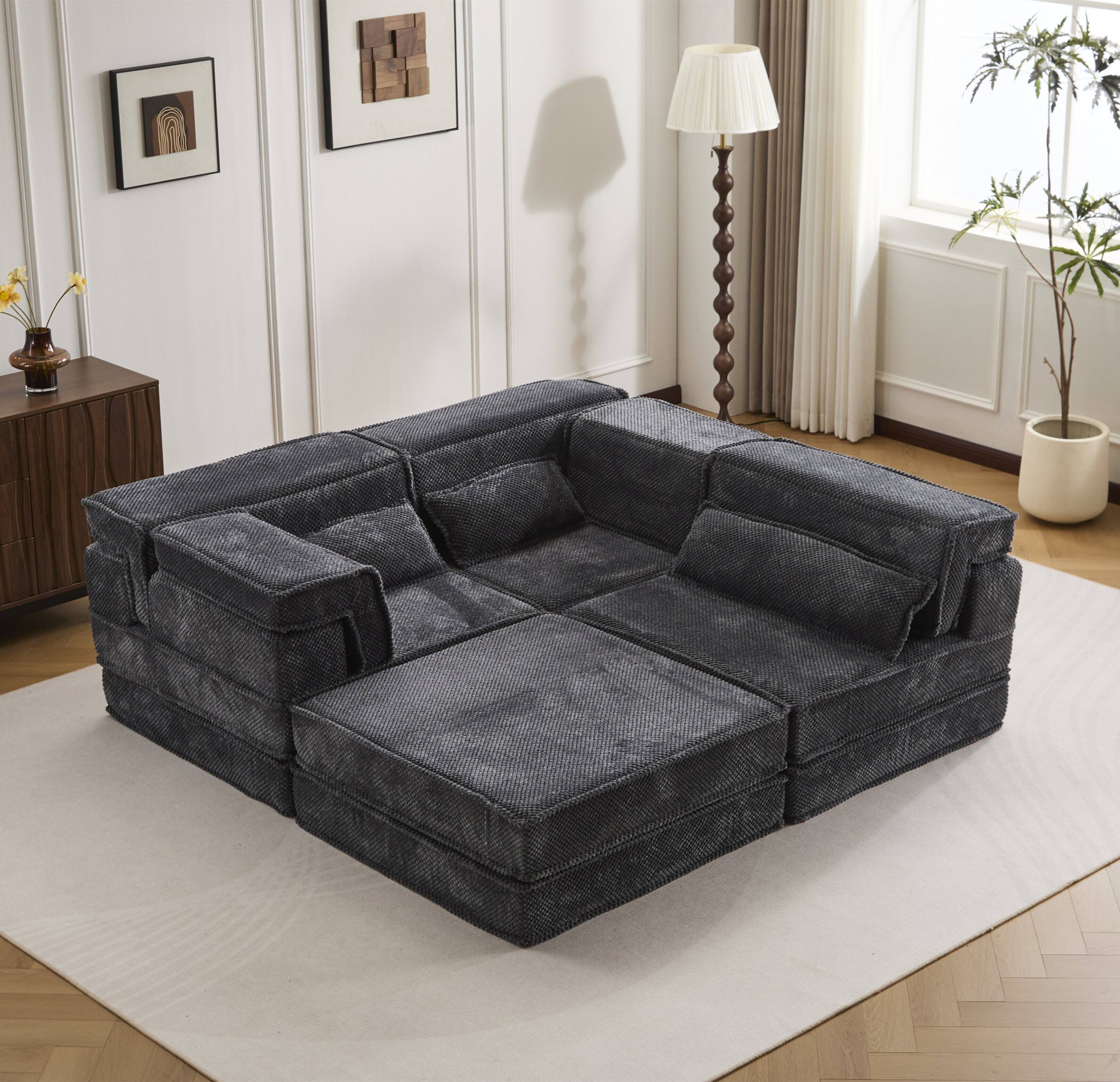 Angle. Whisen - Oversized 3 Seater with 1 Ottoman Modular Floor Sofa Bed, Convertible Circle Fleece Sectional - Dark Gray.