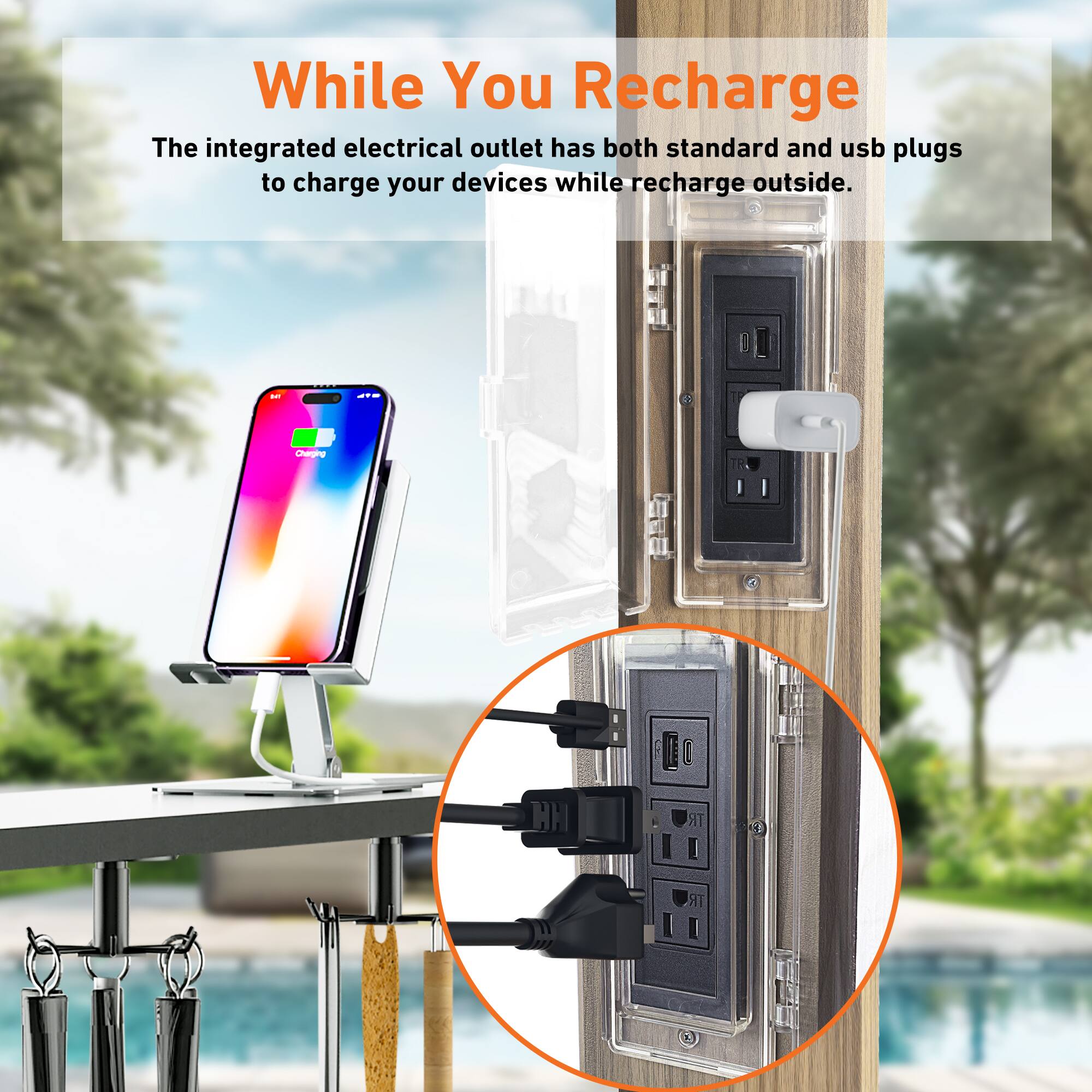 While You Recharge

The integrated electrical outlet has both standard and USB plugs to charge your devices while you recharge outside.