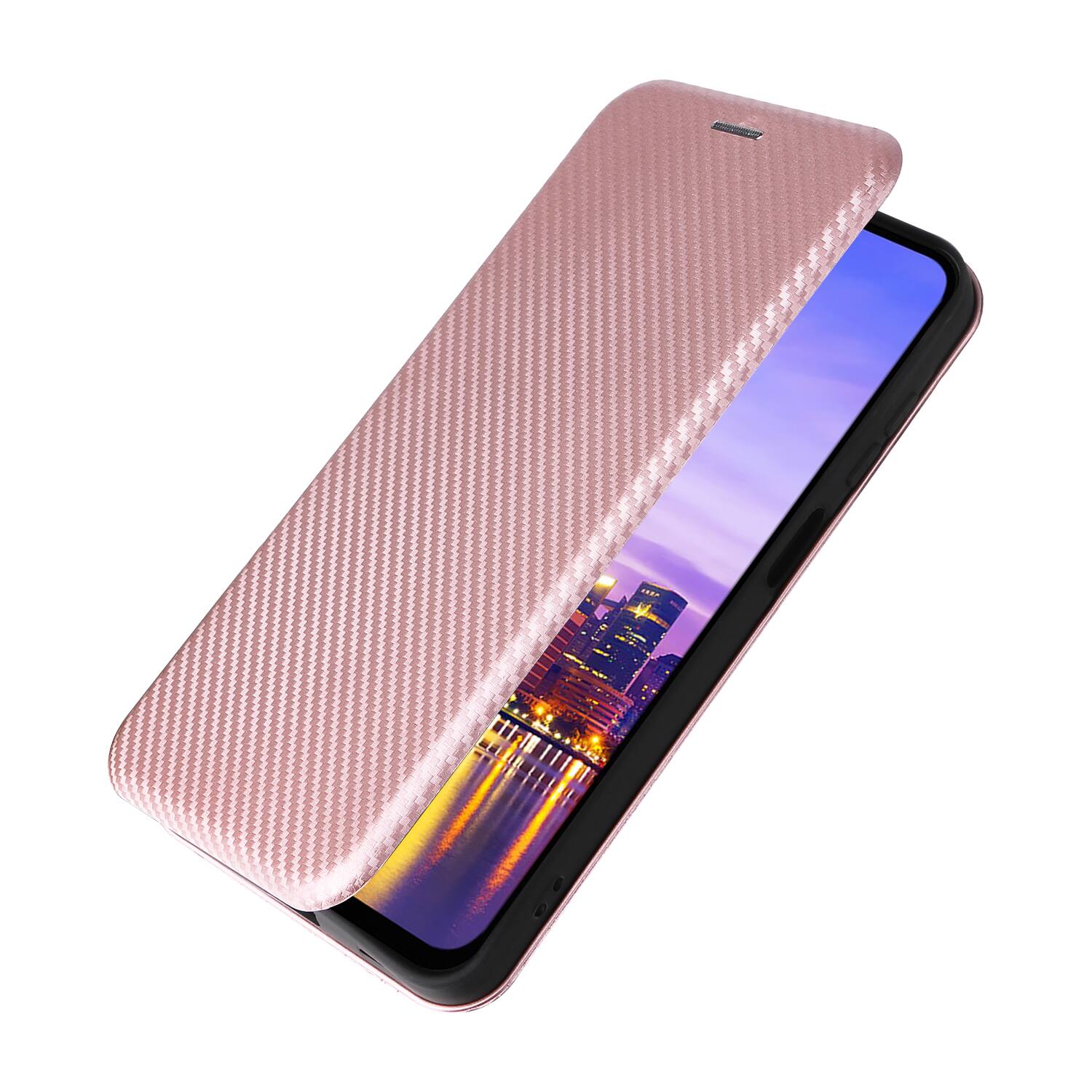 Left. Dteck - Carbon Fiber Texture Folio Phone Case for Samsung Galaxy A16 5G,PU Leather Magnetic Closure Hidden Card Slot Flip Cover - Pink.