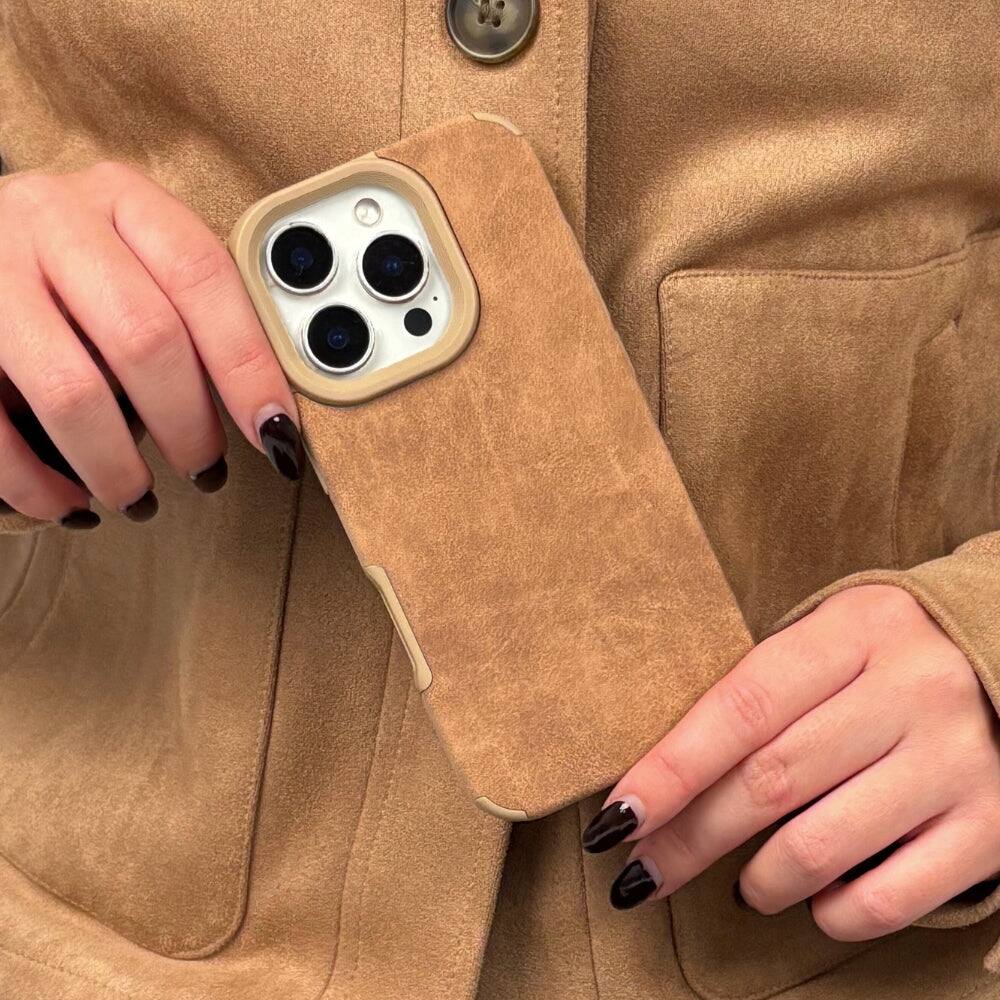 Angle. Gravity Ridge - Phone case for iPhone 14, Ultra Thin Suede Design Corner Camera Lens Protection Soft Shockproof Phone Cover - Brown.
