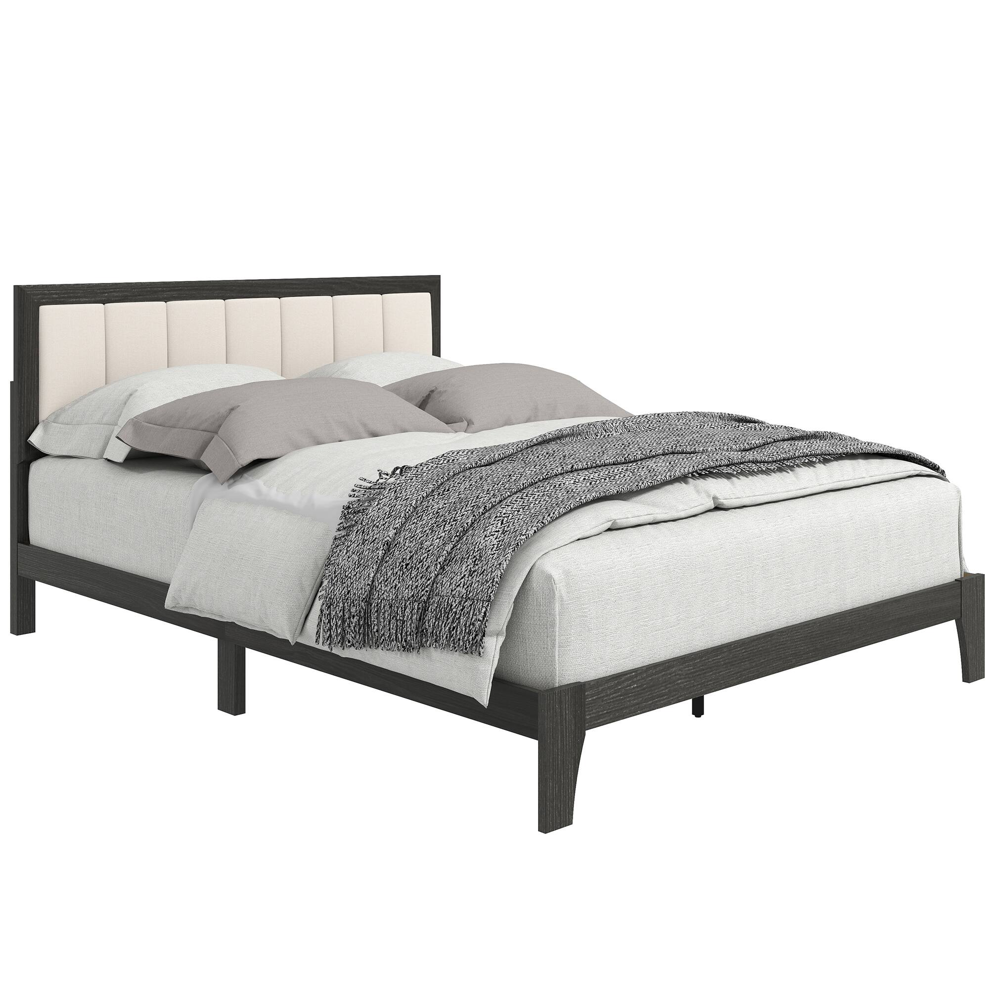 Front. Homcom - Queen Upholstered Platform Bed Frame: Wood Slats No Box Spring Fast Setup - Charcoal Gray.