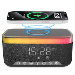 Alpha Digital - 10W Bluetooth Stereo Speaker-Alarm Clock, Wireless Charging, RGB light - Black