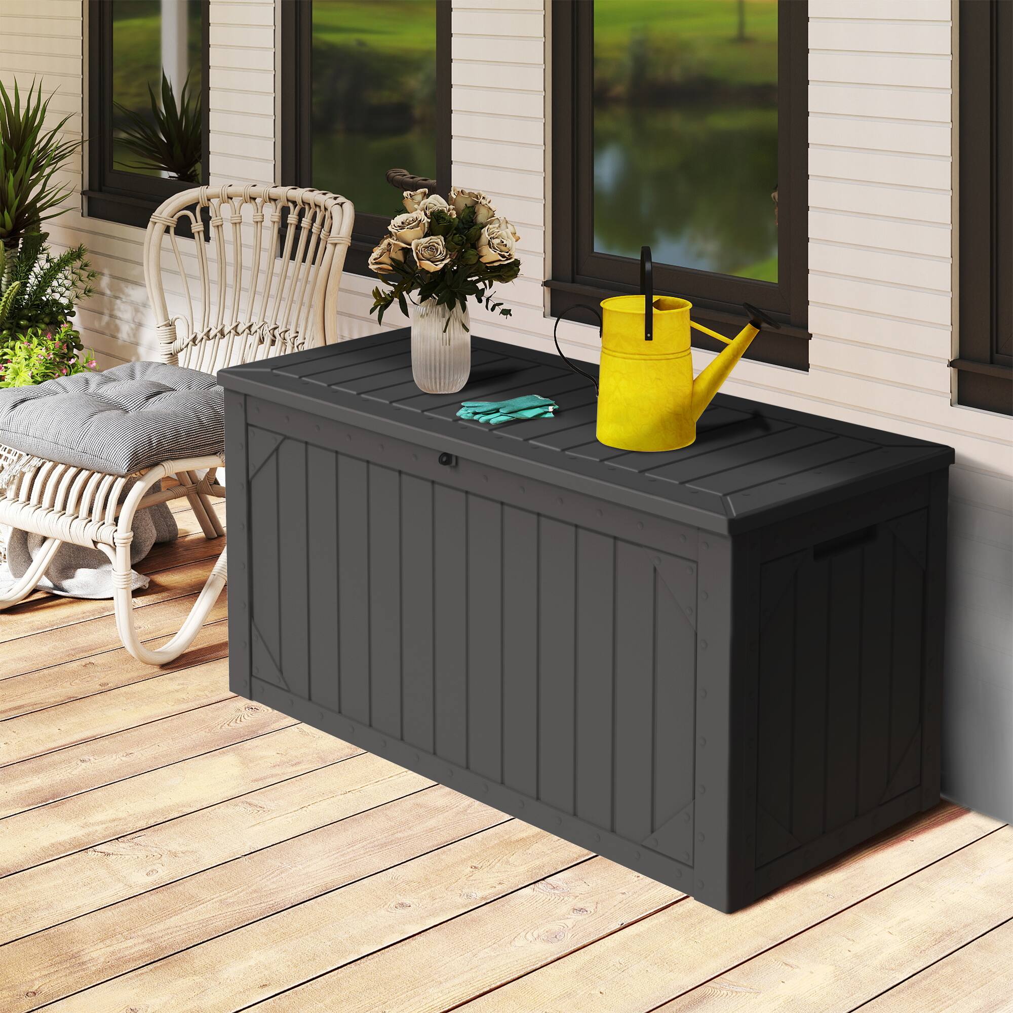 Angle. Decksplore - 110-Gallon Waterproof Resin Storage Bench for Patio Furniture, Outdoor Deck Box with Lock, Garden Tools, UV Resistant - Black.