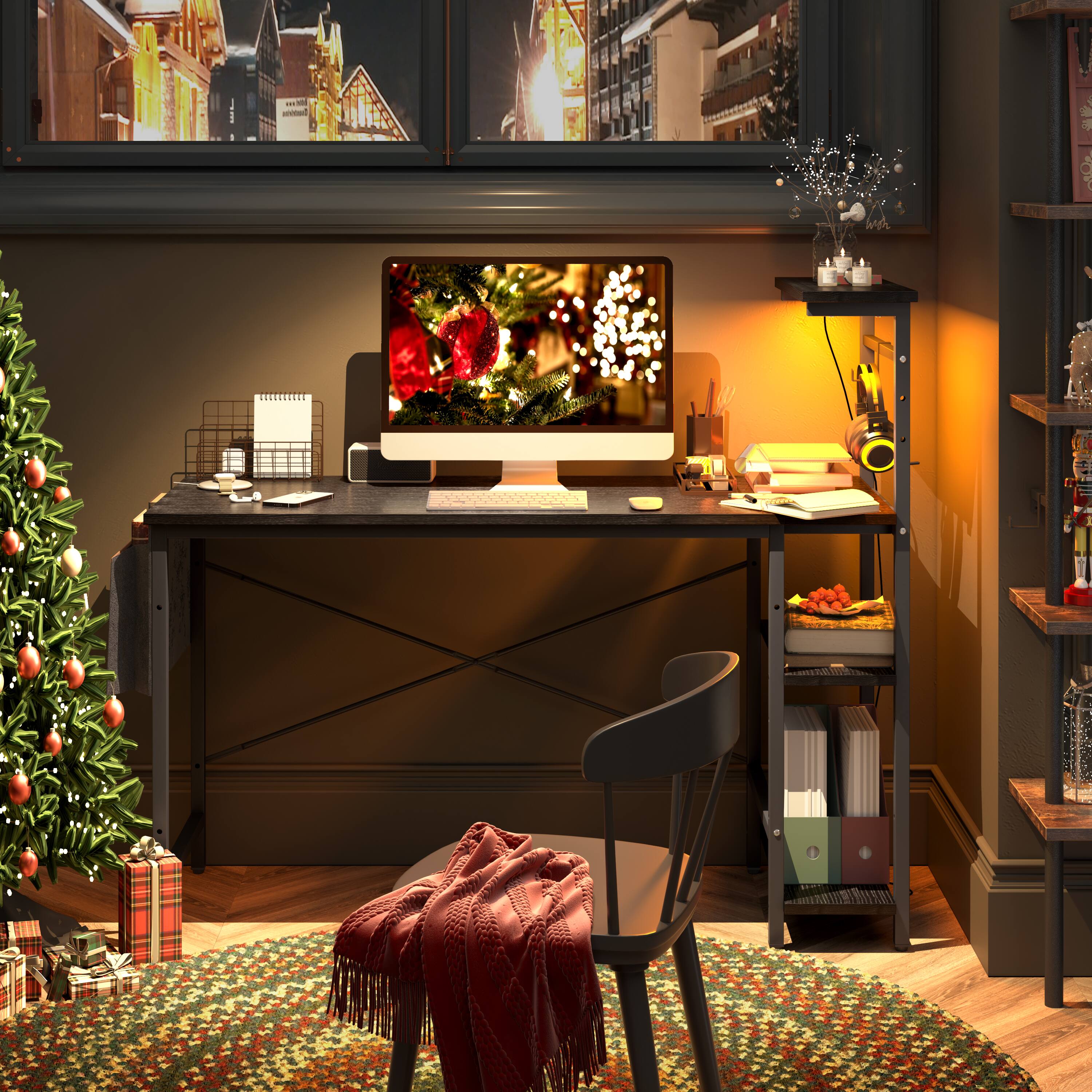 Alt View 7. Bestier - 55inch Gaming Desk with LED Lights Storage Shelves File Pockets & Hooks Spacious RGB Gaming Table - Black.