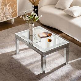 TinyHomie - Silver Coffee Tables for Living Room with Dazzling Crushed Crystal Border Clear Glass Rectangle Center Table