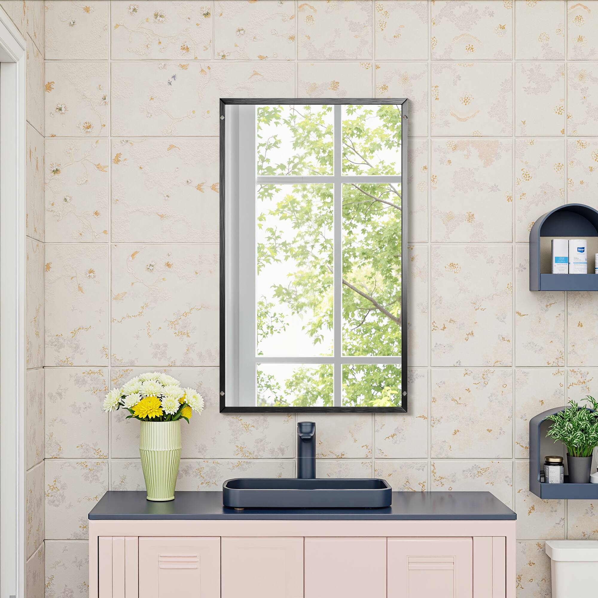 Front. Lirago - 59" x 35" Rectangle full body mirror with Black Scratch Resistant Aluminum Alloy Frame - Black.