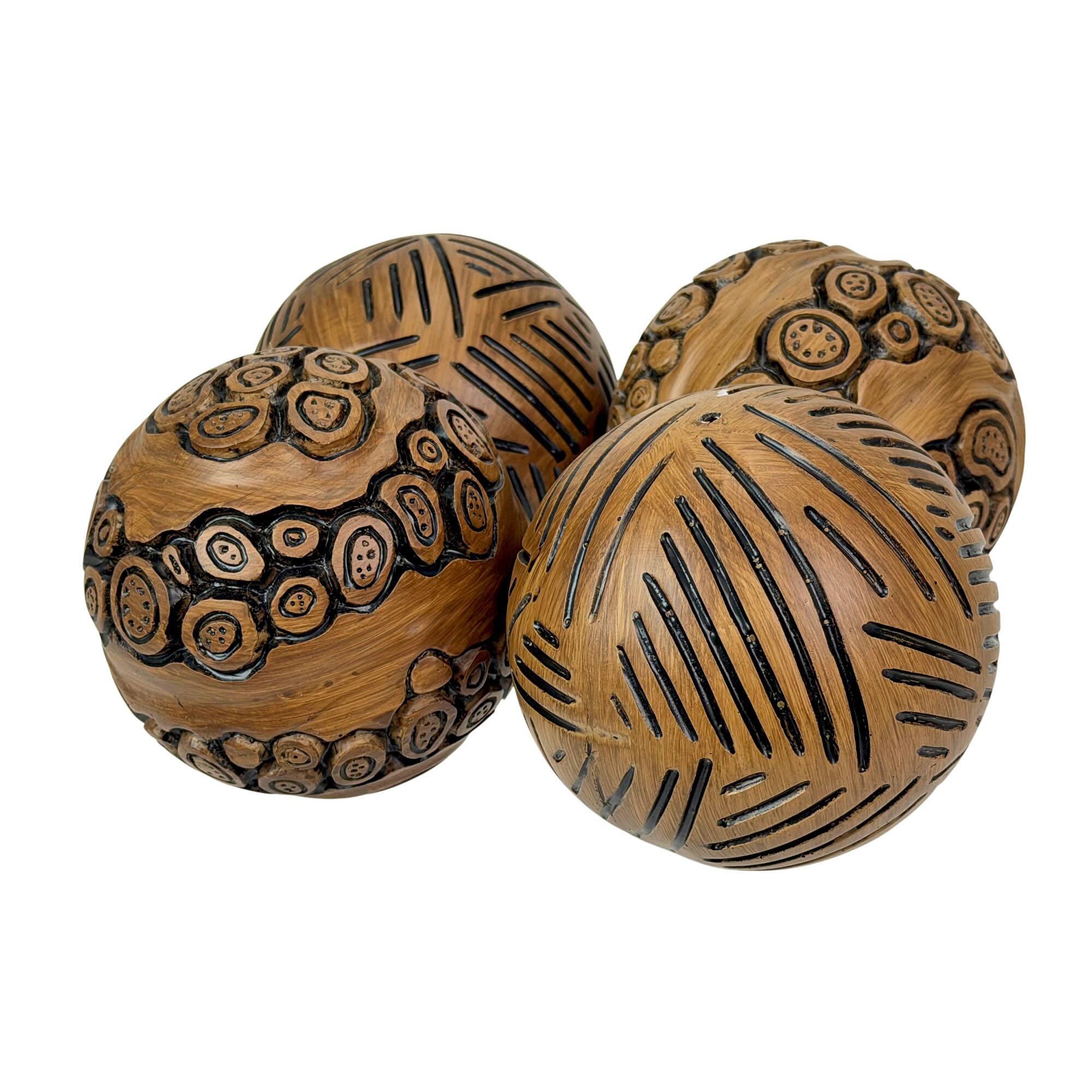 Alt View 1. Things2Die4 - Set of 4 Brown Resin Decorative Orbs 4 in Distressed Geometric Sphere Decor - Brown.