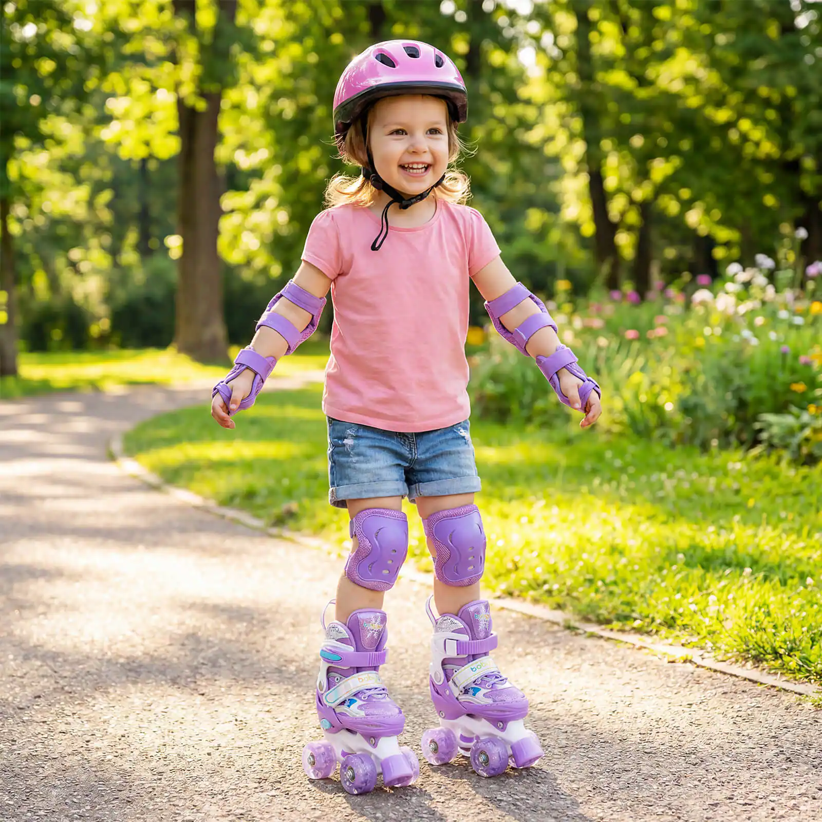 Alt View 3. Costway - Costway Kids Roller Skates 4 Sizes Adjustable Quad Skates with Light-up Wheels for Children - Purple.