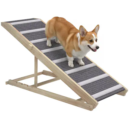 Front. Pawhut - Dog Ramp for Couch, Foldable Pet Ramp for Small to Large Dog, 4 Adjustable Height 16"-23.5", Pet Steps w/Non-Slip Carpet - Natural wood finish.