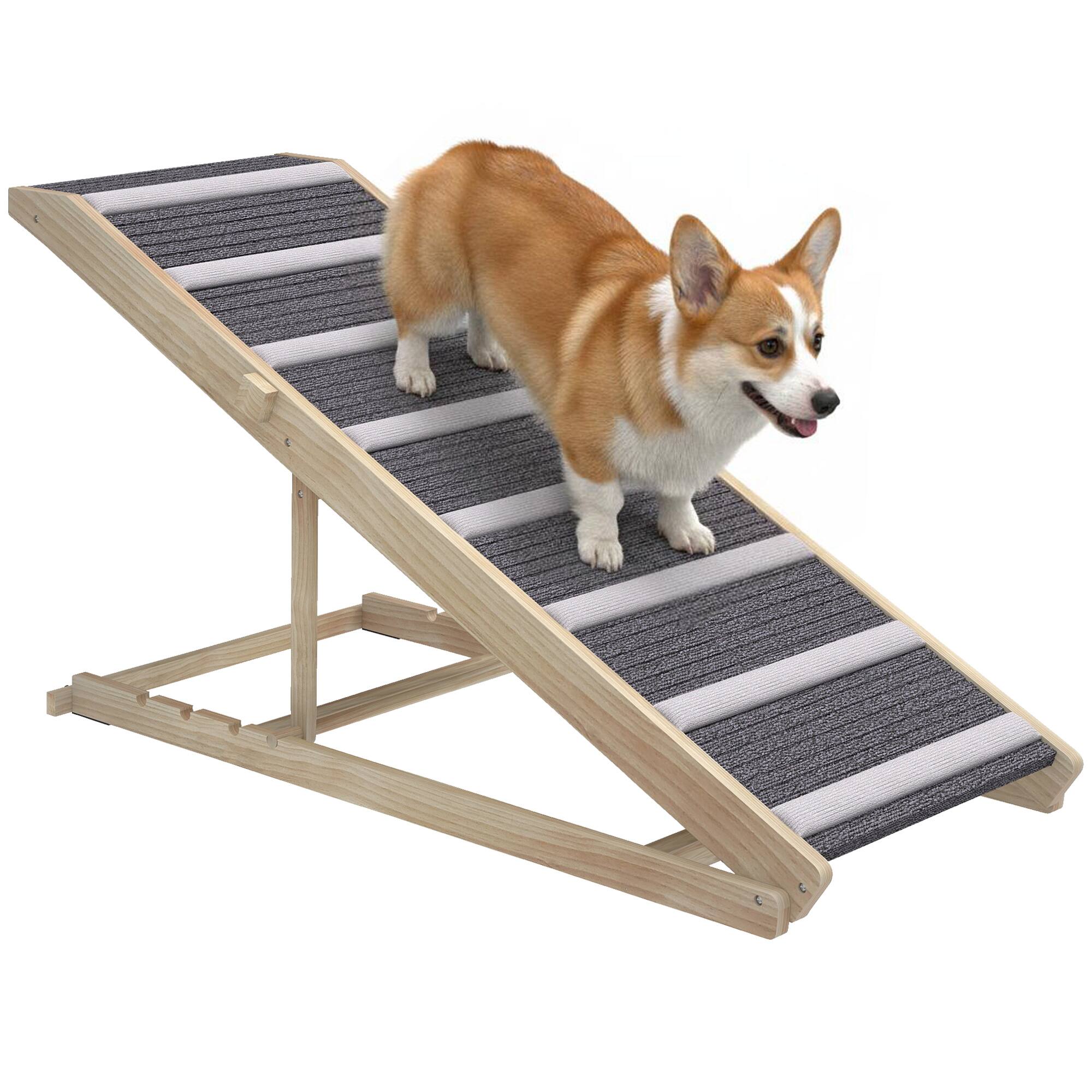 Front. Pawhut - Dog Ramp for Couch, Foldable Pet Ramp for Small to Large Dog, 4 Adjustable Height 16"-23.5", Pet Steps w/Non-Slip Carpet - Natural wood finish.