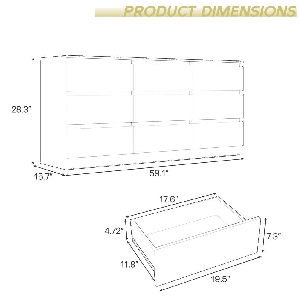 PRODUCT DIMENSIONS

- Height: 28.3"
- Width: 59.1"
- Depth: 15.7"
- Drawer Height: 4.72"
- Drawer Width: 19.5"
- Drawer Depth: 11.8"
- Drawer Interior Height: 7.3"
- Drawer Interior Width: 17.6"