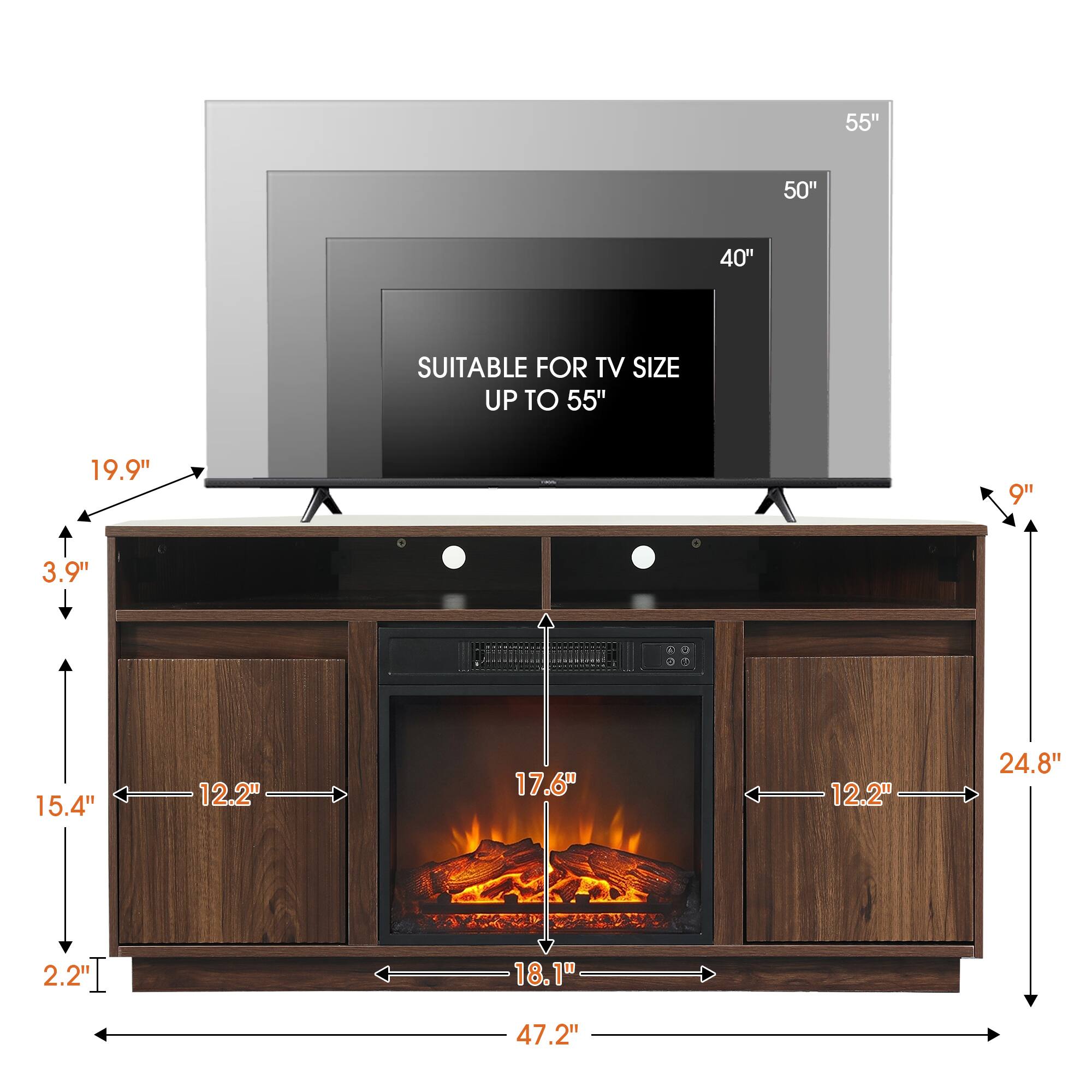 55"  
50"  
40"  
SUITABLE FOR TV SIZE UP TO 55"  
19.9"  
9"  
3.9"  
15.4"  
12.2"  
17.6"  
12.2"  
24.8"  
2.2"  
18.1"  
47.2"