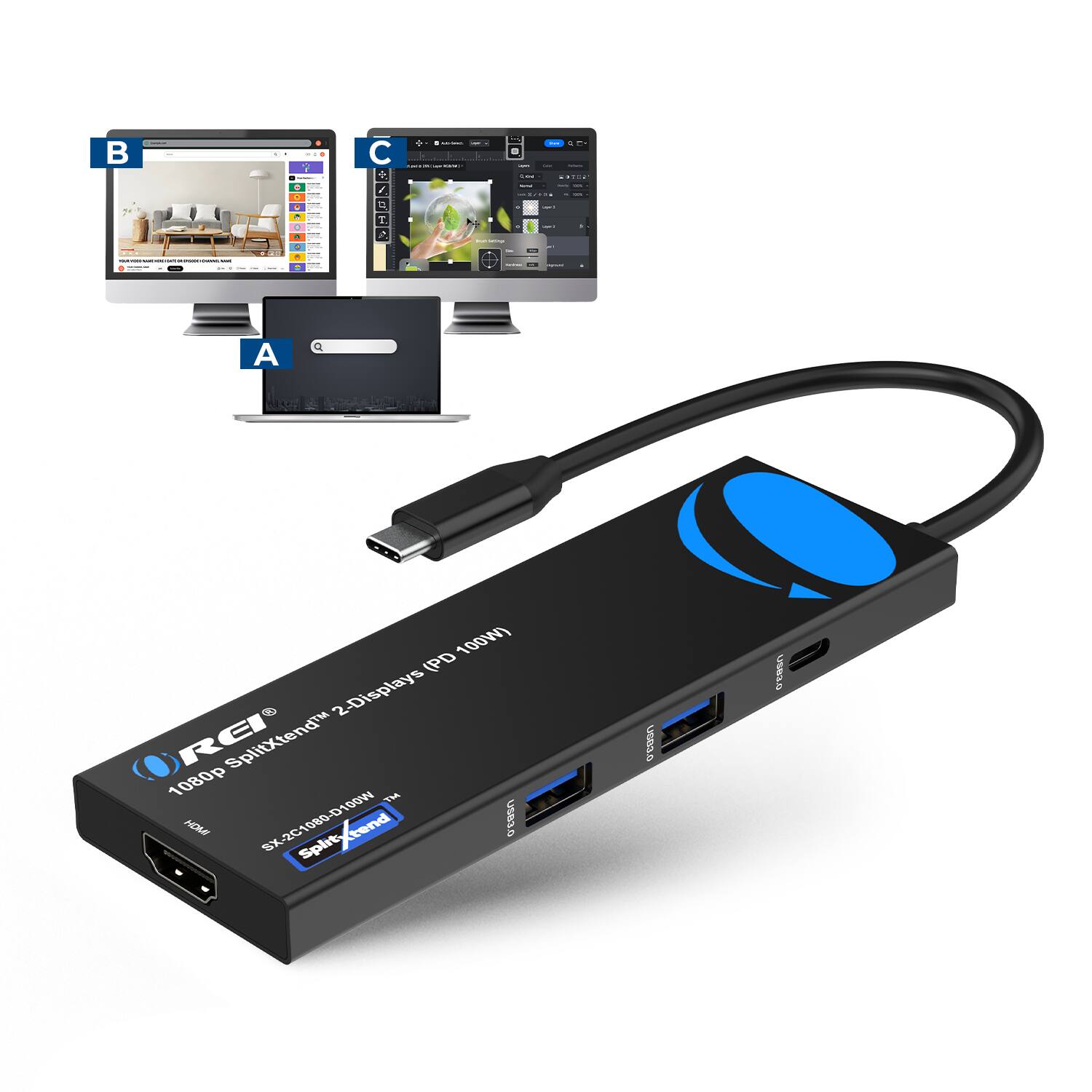 Orei - 1080p SplitXtend 2-Displays PD 100W - SX-2C1080-D100W - Black