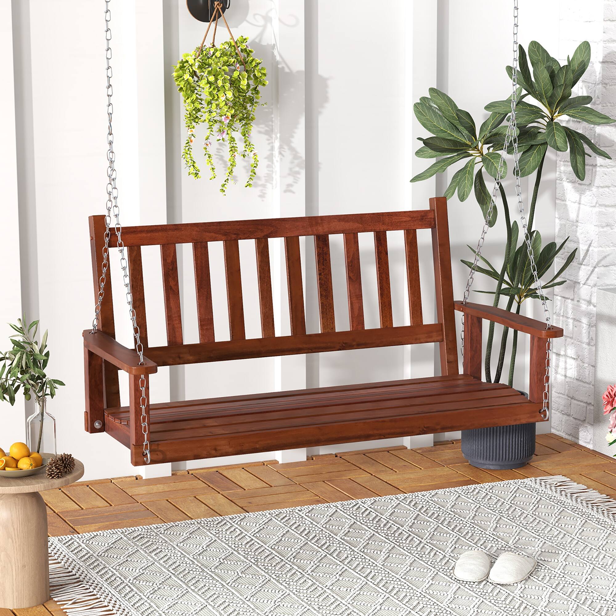 Alt View 1. Gymax - Gymax Wooden Porch Swing 2-Person Hanging Swing Chair w/ Adjustable Galvanized Metal Chains Brown - Brown.