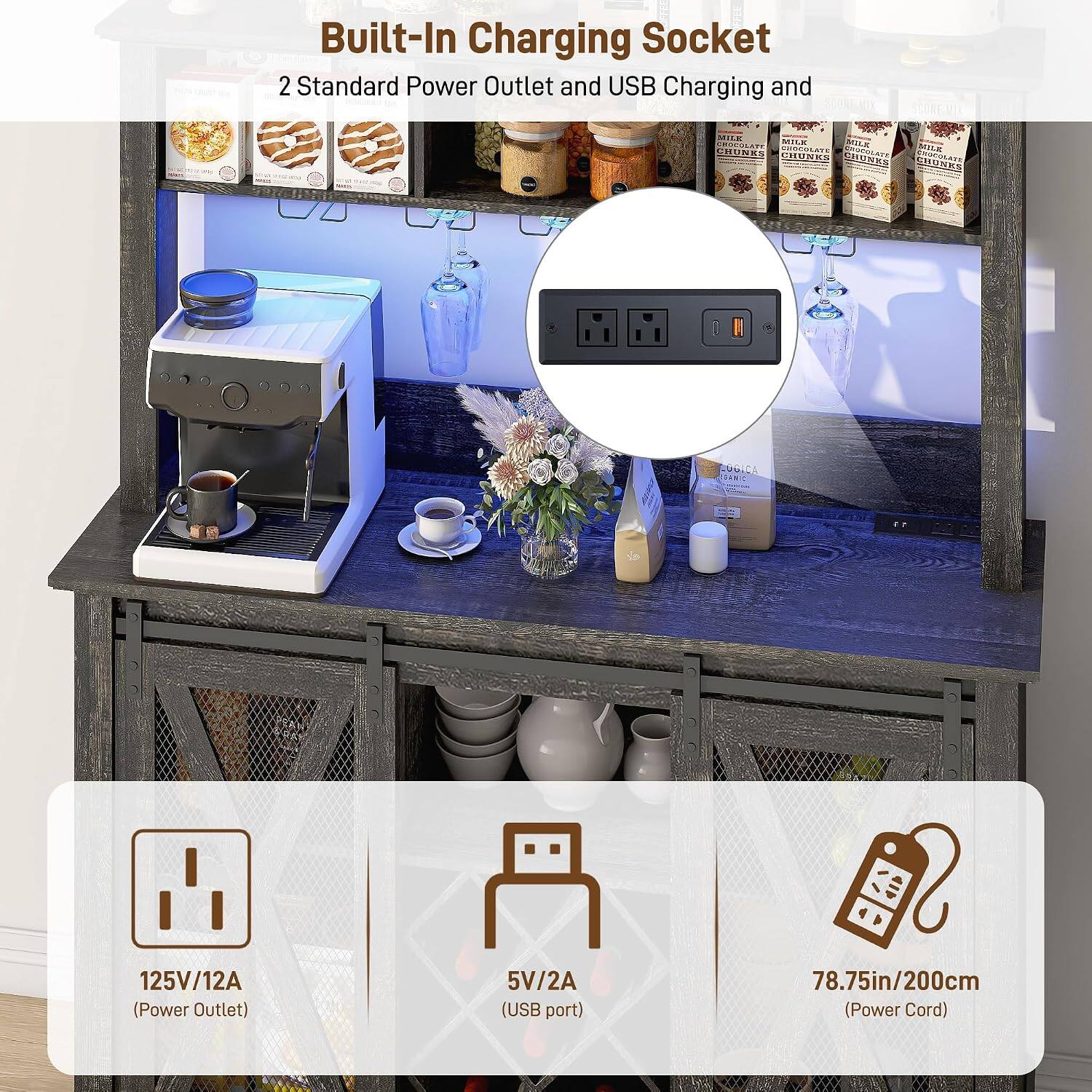 Built-In Charging Socket  
2 Standard Power Outlet and USB Charging and  

MILK CHOCOLATE MILK MAR CHUNKS CHOCOLATE CHOCOLATE MILK CHUNKS CHUNKS CHUNKS CHOCOLATE  

LOGICA DANIC  
07  
125V/12A (Power Outlet)  
5V/2A (USB port)  
78.75in/200cm (Power Cord)