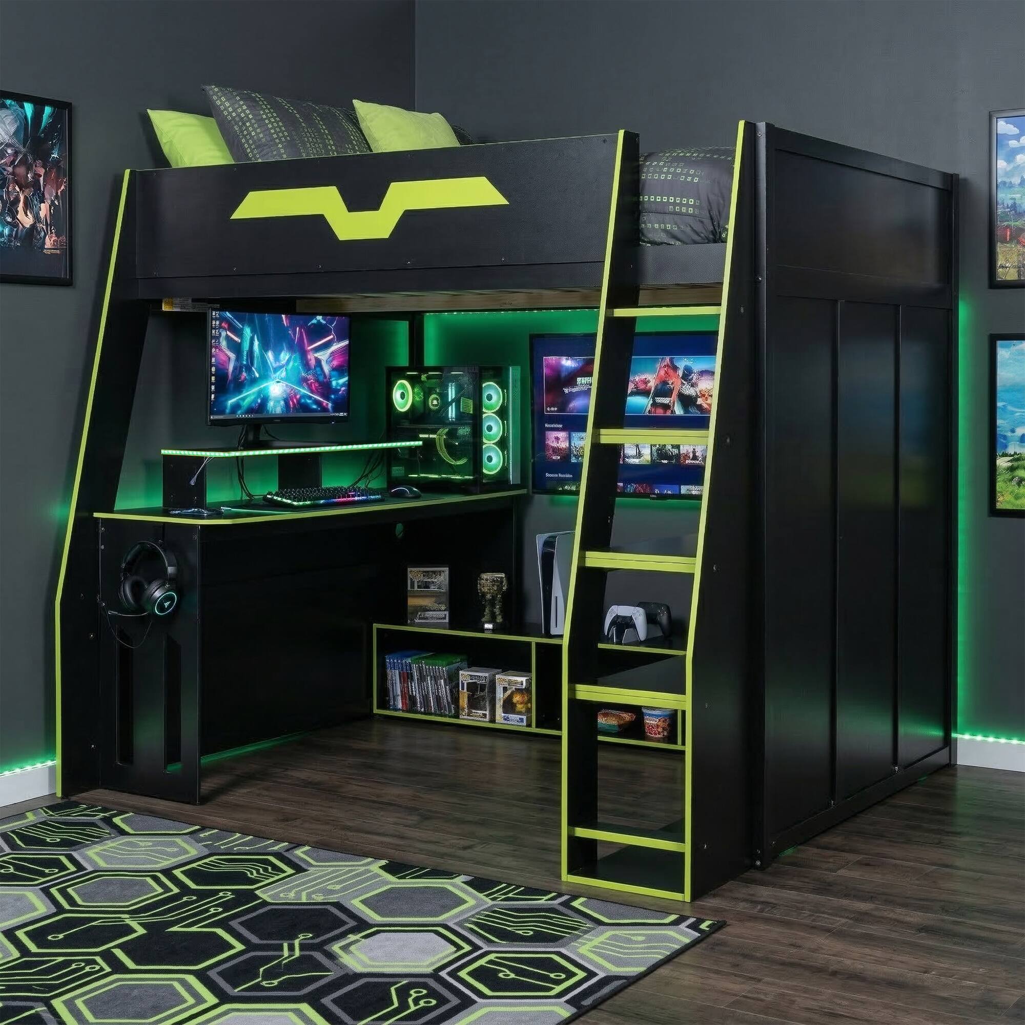 Angle. Anysun - Full Size Wood Loft Bed with Desk, Multi-storage Shelves and RGB Light, Table with adjustable placement - Green.