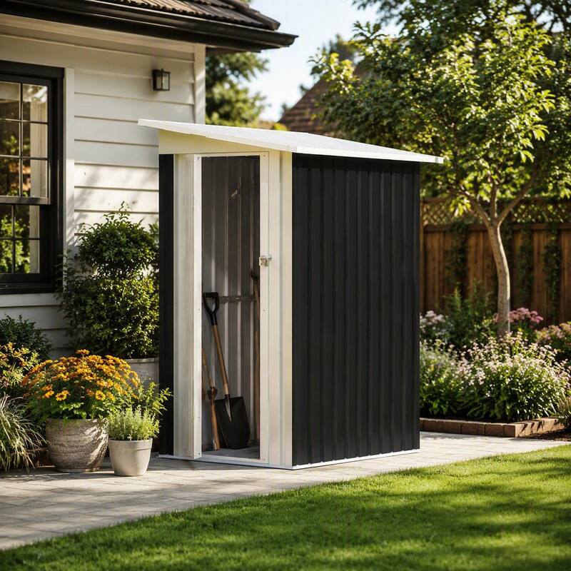 Angle. RYHNUYNE - 4.3' x 2.5' Metal Garden Storage Shed,Pent Roof Outdoor Tool Shed for Backyard Patio Lawn - Black.