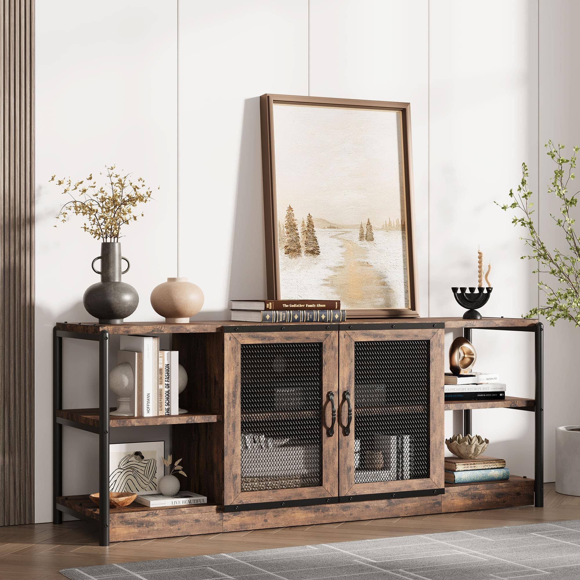 Jojoka - 63" Farmhouse TV Stand for 65/75 Inch TVs, Industrial Entertainment Center with Mesh Doors & Storage - Brown