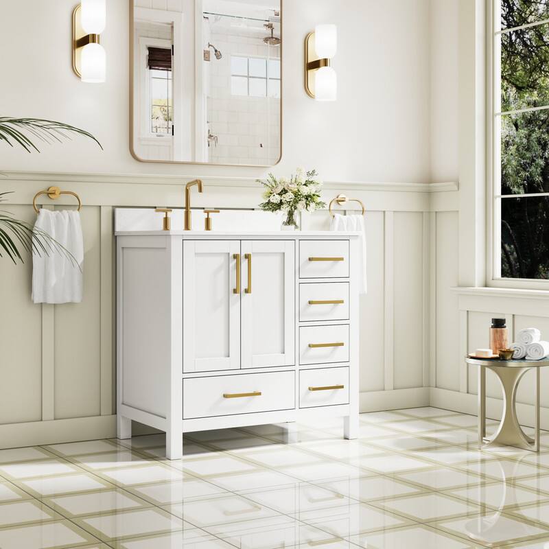 Angle. WELLFOR - 36 in Bathroom Vanity with Sink, Freestanding Solid Wood Bathroom Cabinet with 2 Doors& 5 Drawers,Brushed Gold Handle - White.