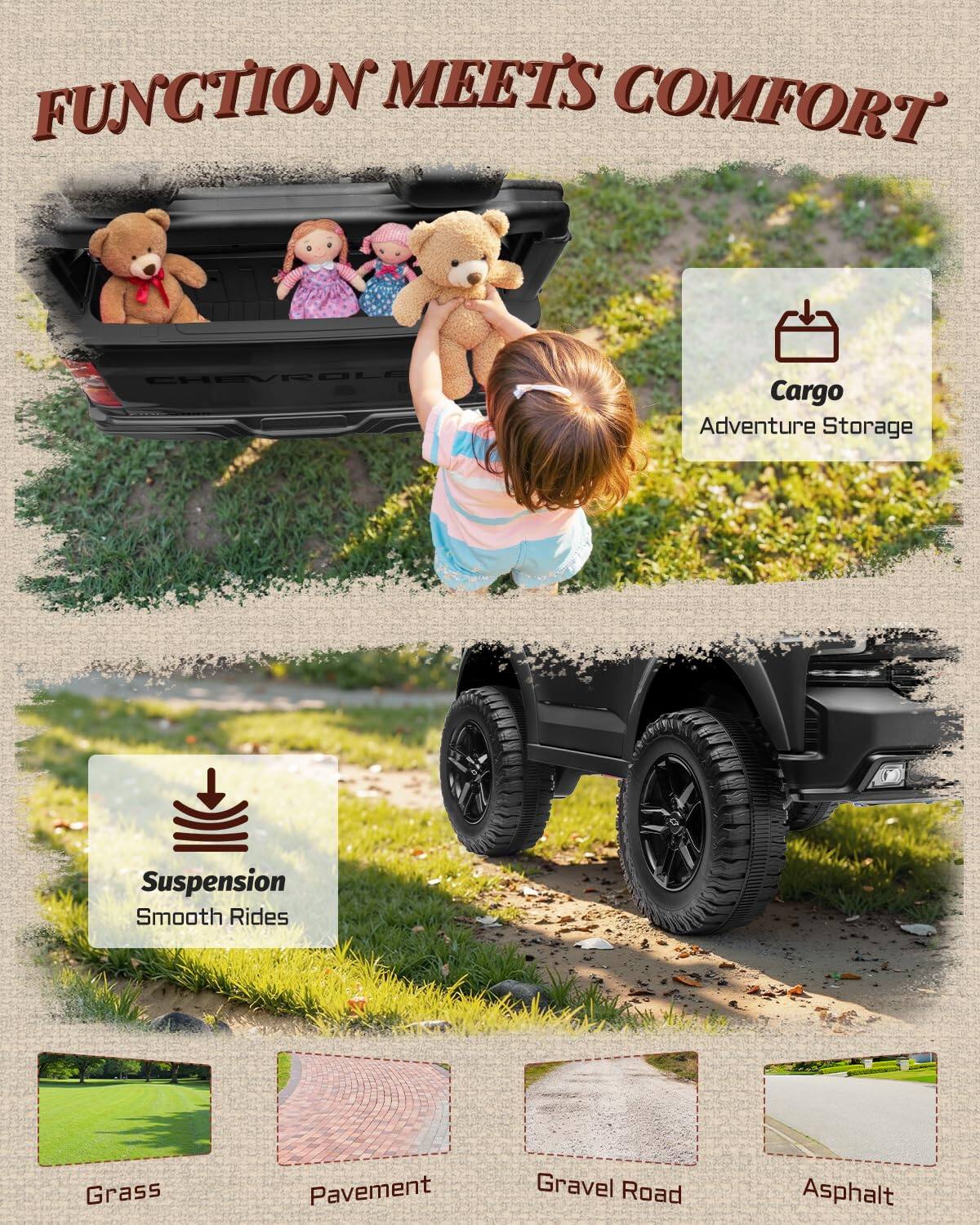 FUNCTION MEETS COMFORT

- Cargo
- Adventure Storage
- Suspension
- Smooth Rides

Grass
Pavement
Gravel Road
Asphalt