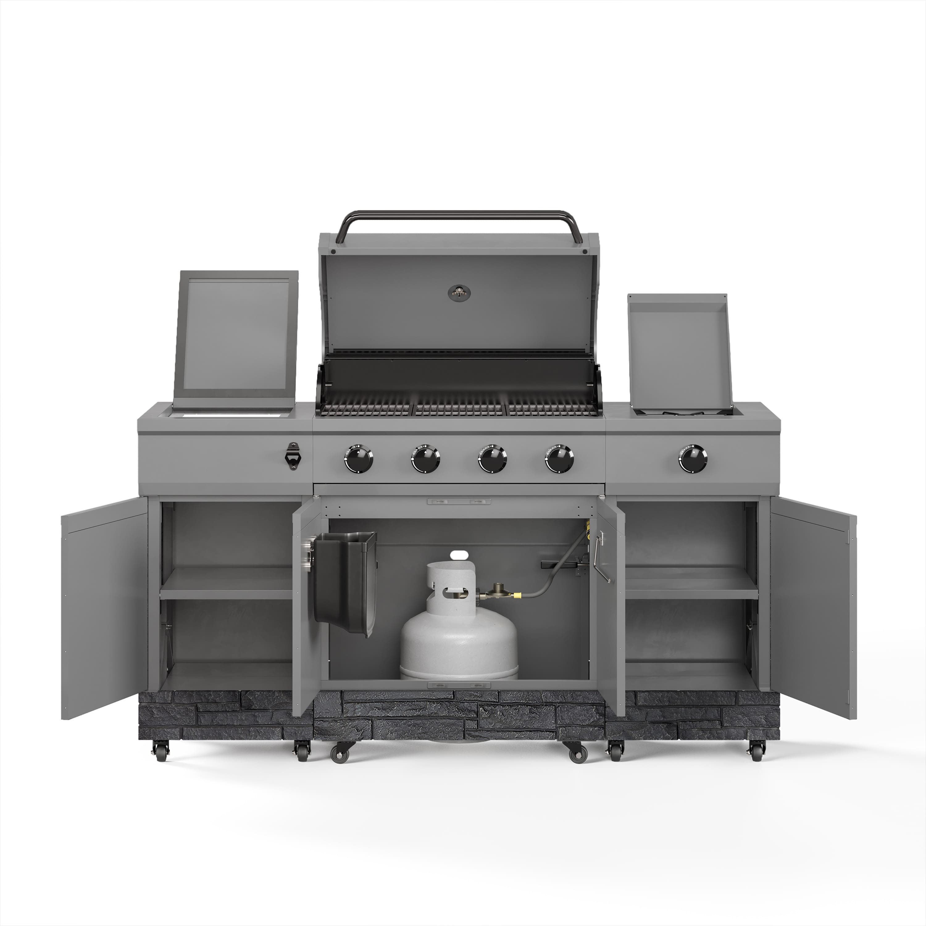 Left. TYTUS Grills - Fresno Series Graphite Stacked Stone Island Grill - Gunmetal Gray.