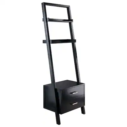 Front. SlickBlue - 2-Drawer Ladder Bookcase with Entryway Shelf, Modern Leaning Design - Black.