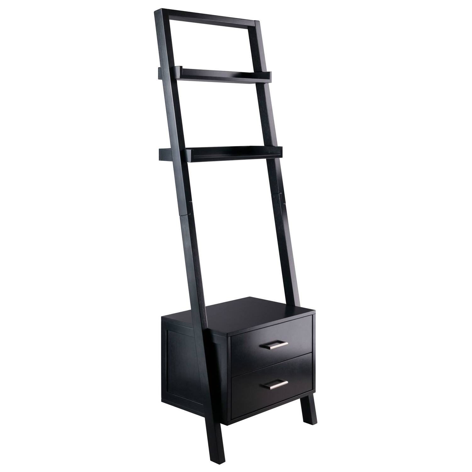 Front. SlickBlue - 2-Drawer Ladder Bookcase with Entryway Shelf, Modern Leaning Design - Black.