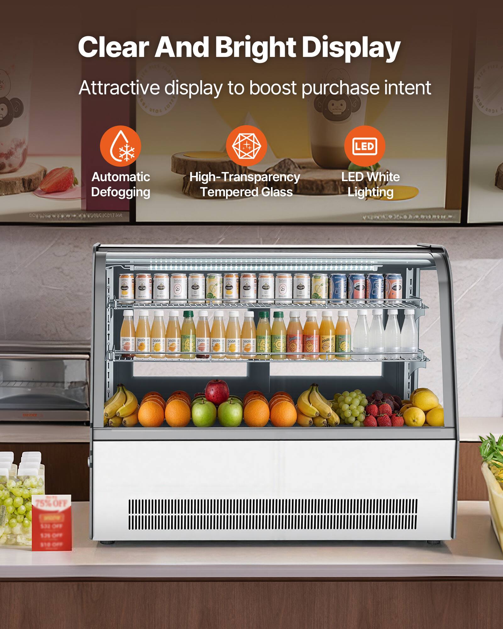 Clear And Bright Display  
Attractive display to boost purchase intent  

- Automatic Defogging  
- High-Transparency Tempered Glass  
- LED White Lighting  

75% OFF  
$330 OFF  
$130 OFF  
$10 OFF