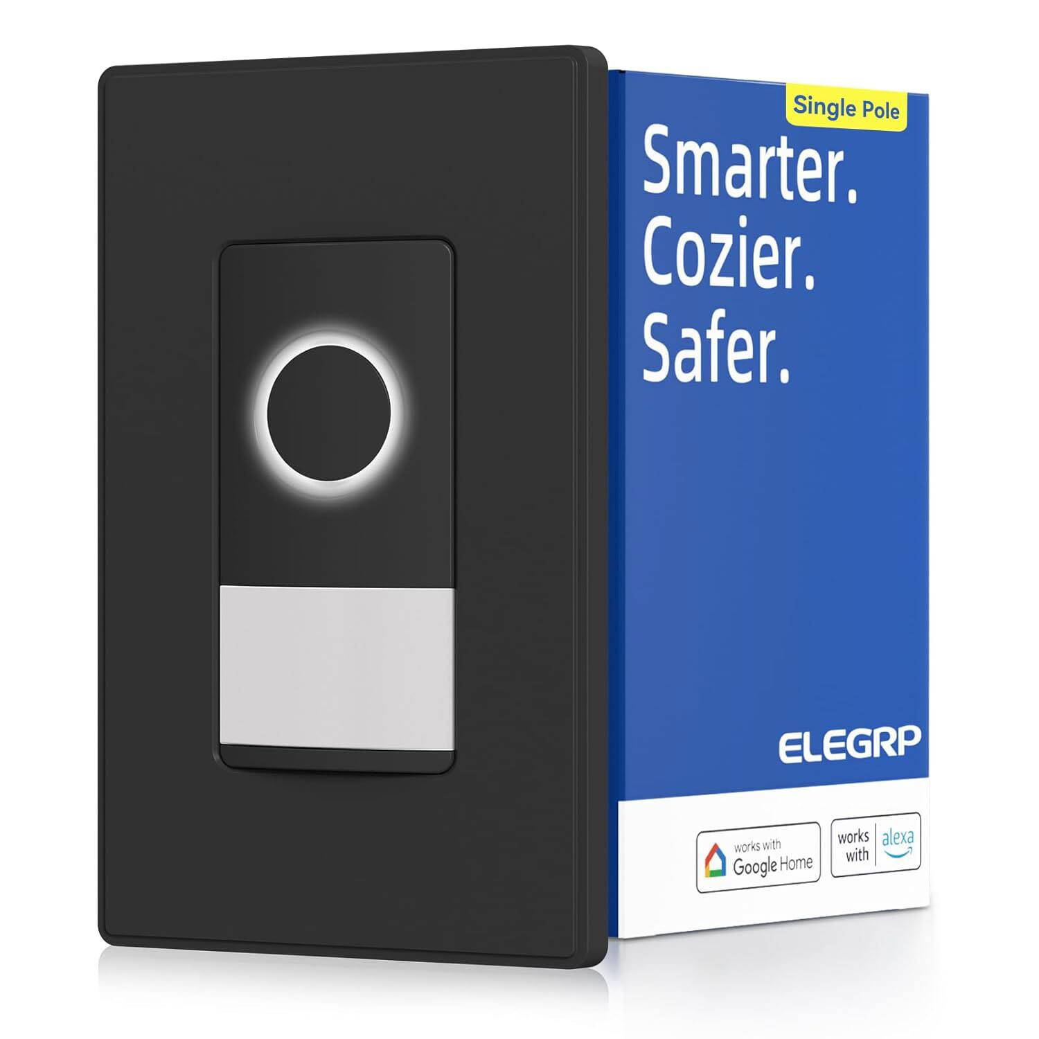 ELEGRP - Smart Sensor Light Switch Single Pole, Compatible with Alexa & Google Assistant, APP Control,UL Listed, 1PC - Black