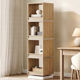 ModernMate - 4-Tier 360° Rotating Bookshelf Tower, Wood Narrow Tall Book Shelf Organizer - Light Walnut