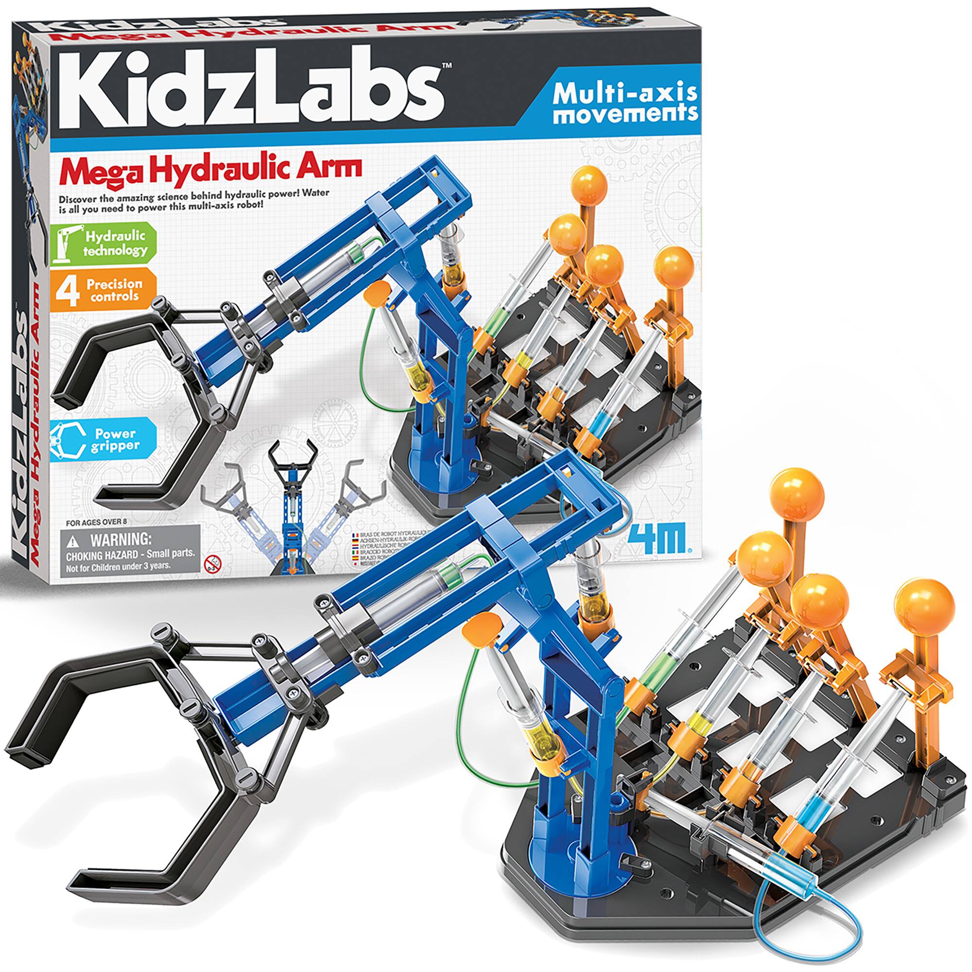 LaO Hydraulics Arm FER TM KidzLabs Multi-axis Mega Hydraulic Arm behind hydraulic powerl Water Discover the emozing science need to his multi-axis robor is all you power Hydraulic technology Precision 4 controls Arm Kidzlabs Hydraulic gripper Power O ASES OVER a Mega CHOKING HAZARD: Small parts. Not for Children.