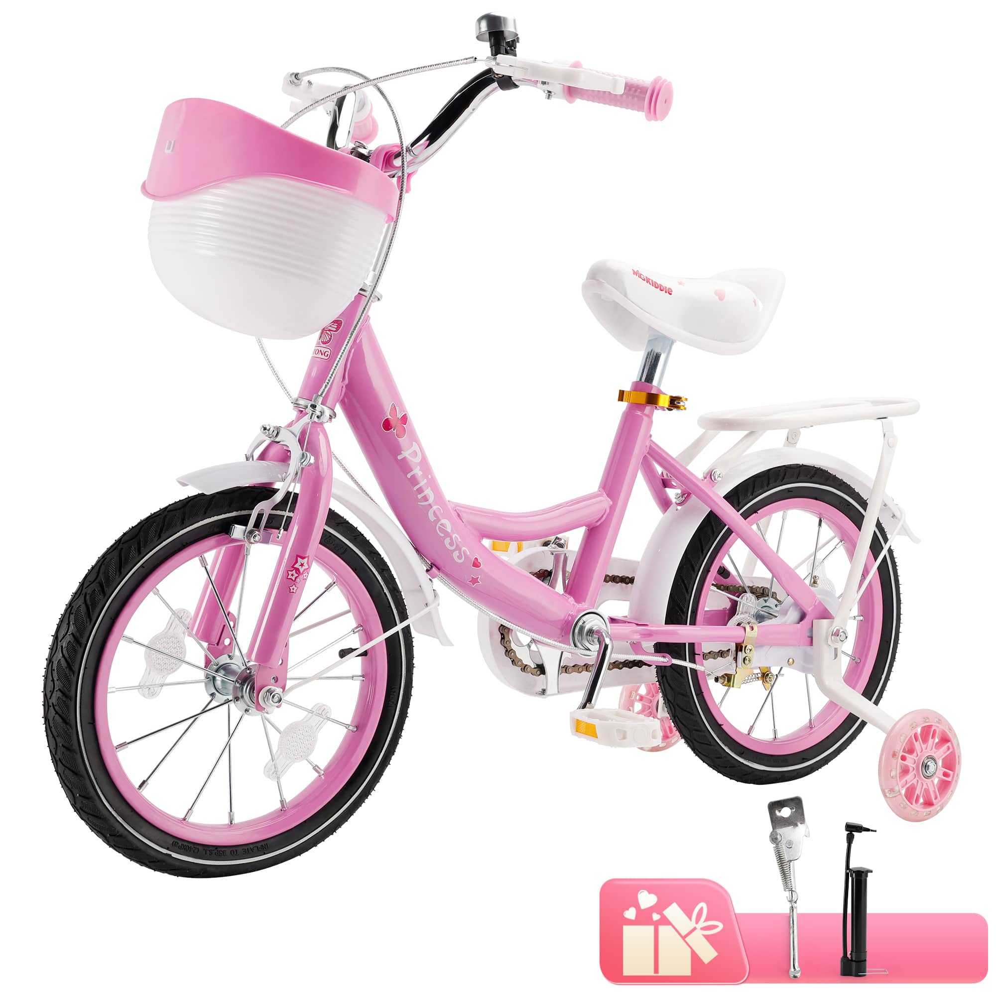 Topteng - ​​16-Inch Girls Bike with Training Wheels, Basket & Adjustable Seat - Dual Brakes, High-Carbon Steel Frame - Pink