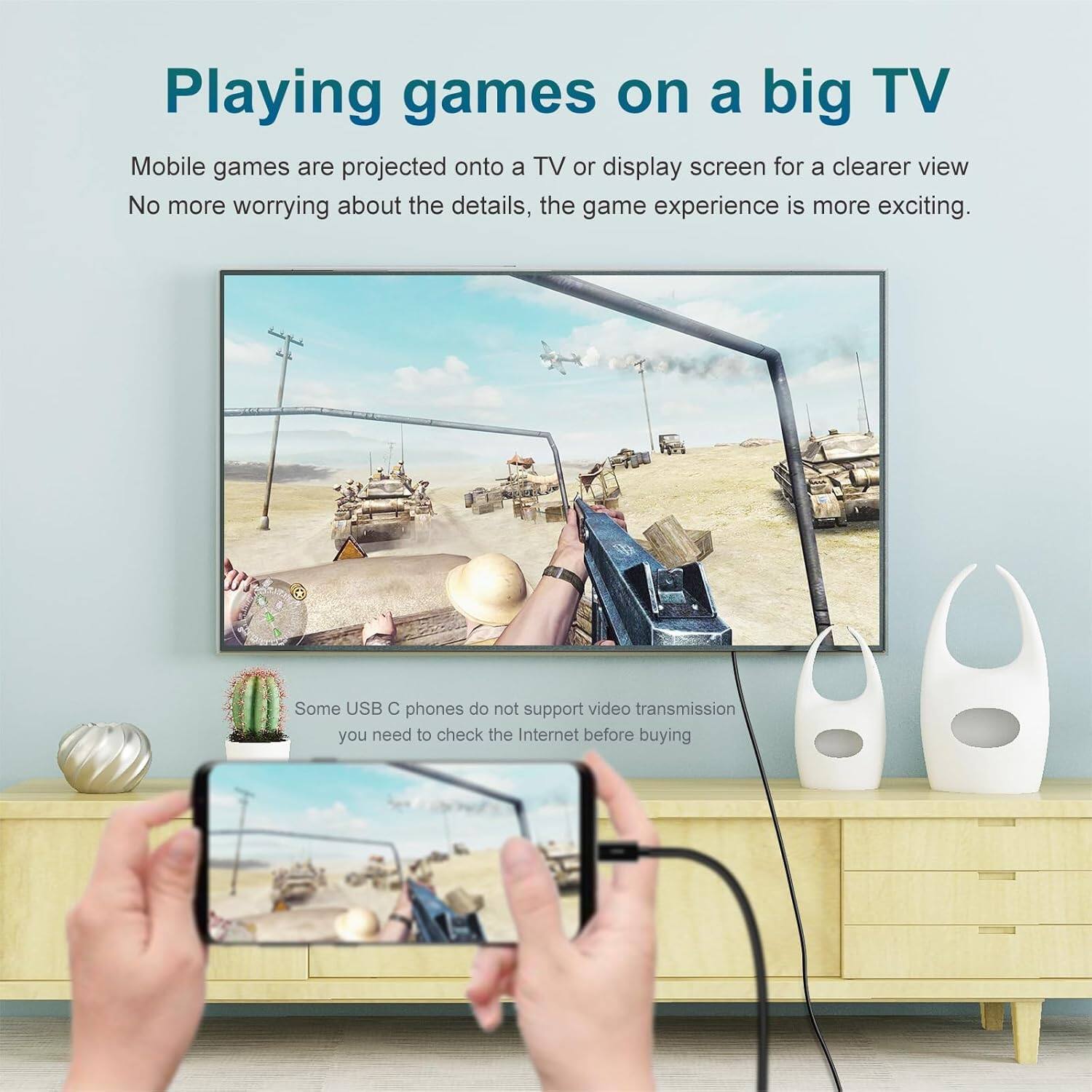 Playing games on a big TV

Mobile games are projected onto a TV or display screen for a clearer view. No more worrying about the details, the game experience is more exciting.

Some USB C phones do not support video transmission. You need to check the Internet before buying.