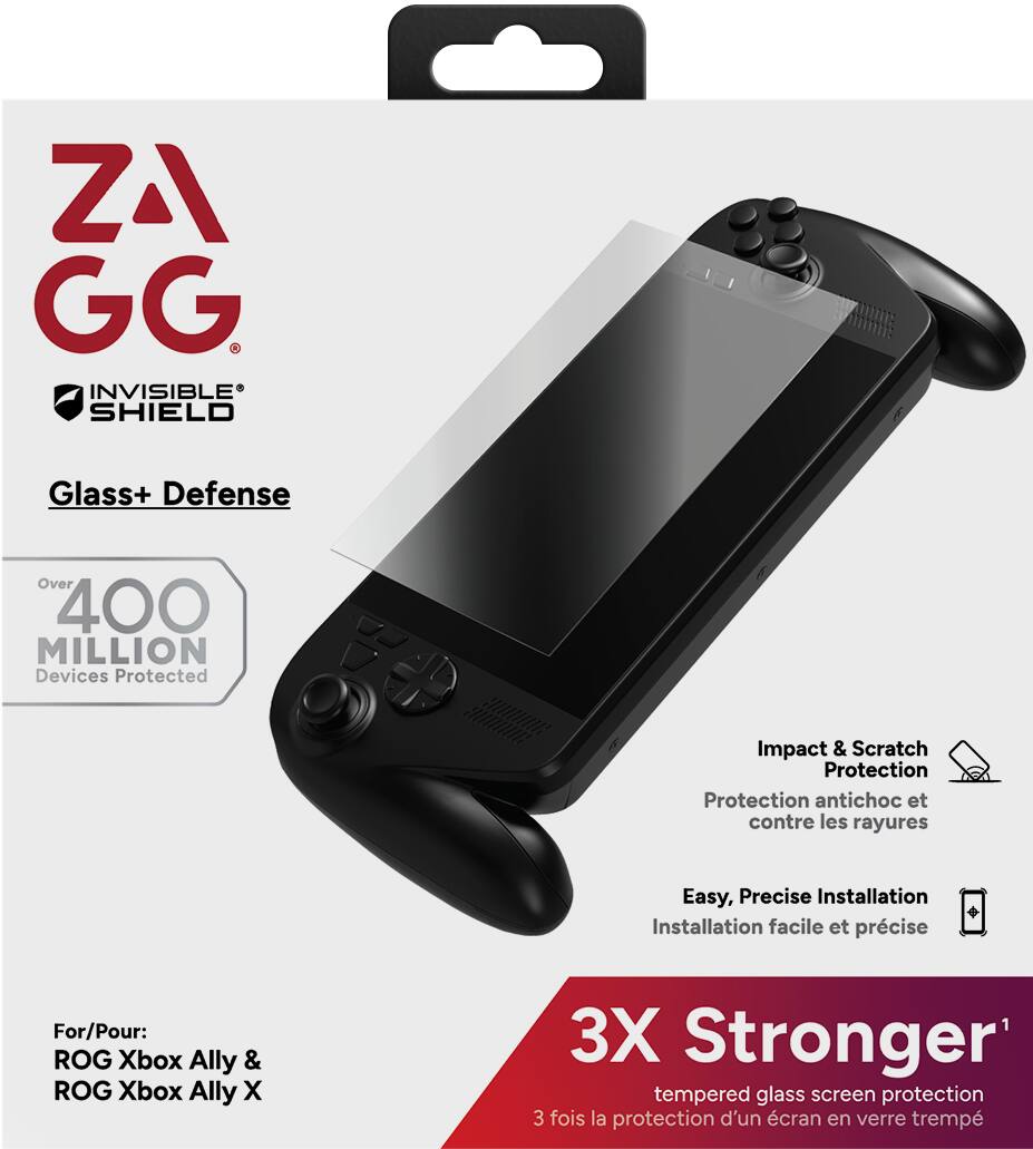 ZAGG  
INVISIBLE SHIELD  
Glass+ Defense  

Over 400 MILLION Devices Protected  

Impact & Scratch Protection  
Protection antichoc et contre les rayures  

Easy, Precise Installation  
Installation facile et précise  

For/Pour:  
ROG Xbox Ally & ROG Xbox Ally X  

3X Stronger  
3 fois la protection d'un écran en verre trempé