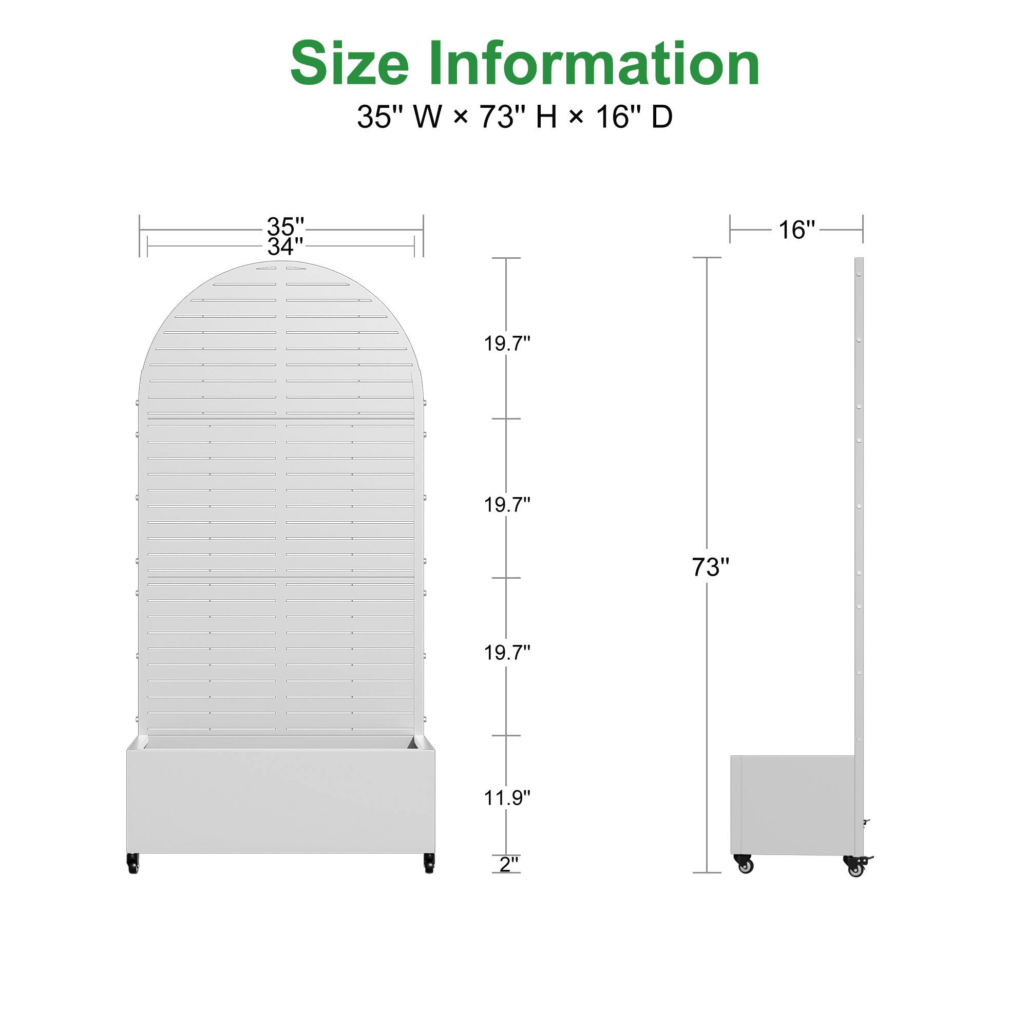 Size Information  
35" W x 73" H x 16" D  

- 35" W x 34"  
- 19.7"  
- 19.7"  
- 19.7"  
- 11.9"  
- 2"  
- 16" D  
- 73" H